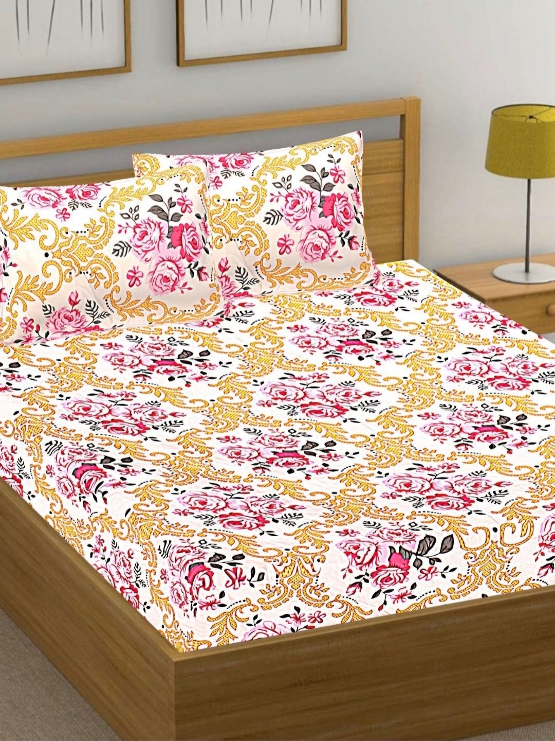 

HASHCART White Floral Printed Cotton 210 TC Queen Bedsheet Set-2.40 m x 2.25 m