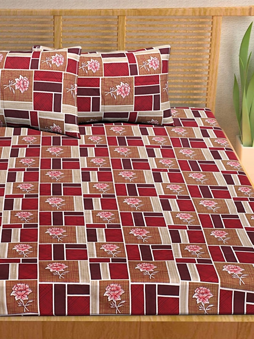 

HASHCART Maroon & Brown Floral Printed Cotton 210 TC Queen Bedsheet Set 2.40 m x 2.25 m