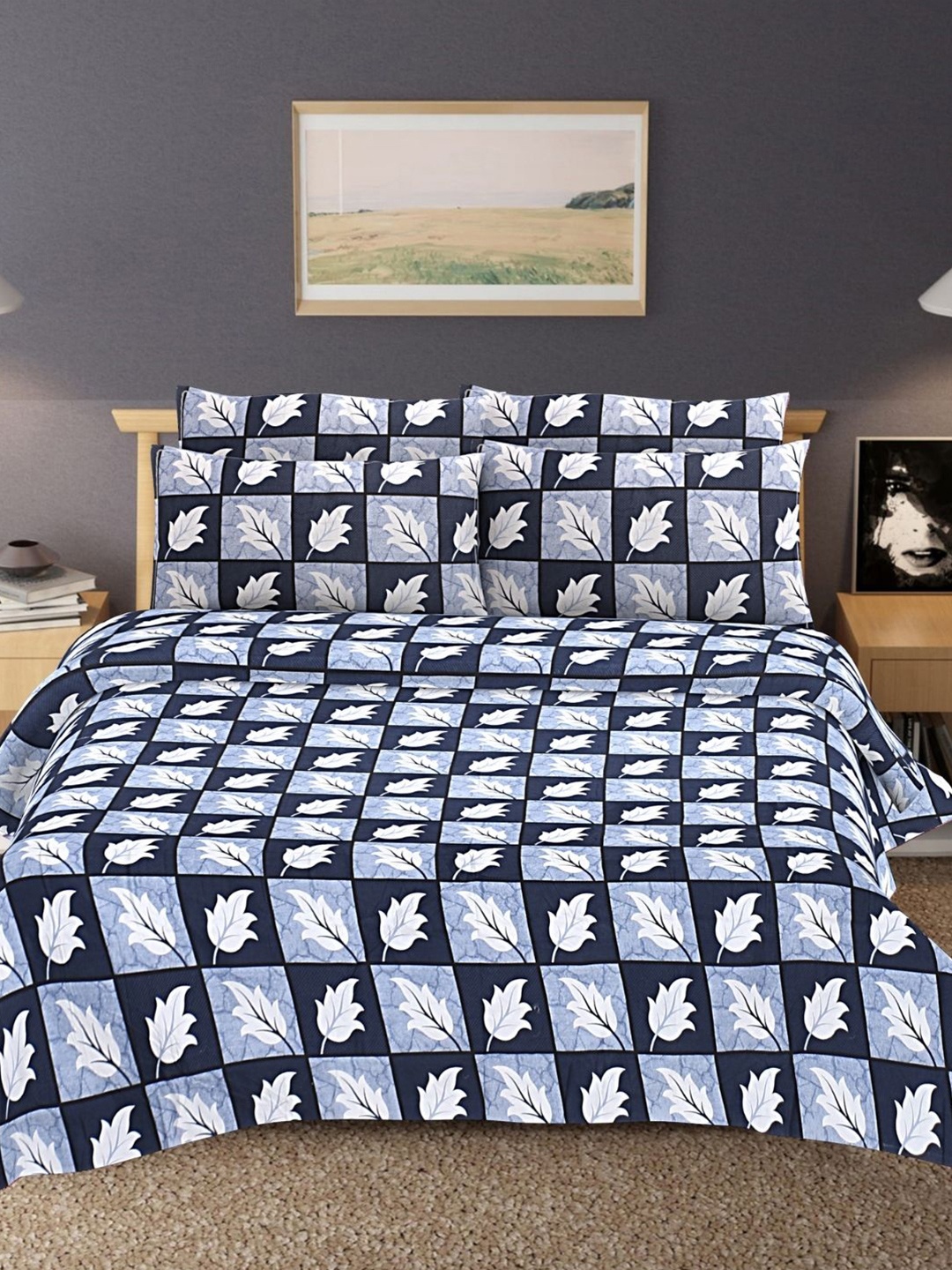 

HASHCART Blue Floral Printed Cotton 210 TC Queen Bedsheet Set-2.40 m x 2.25 m