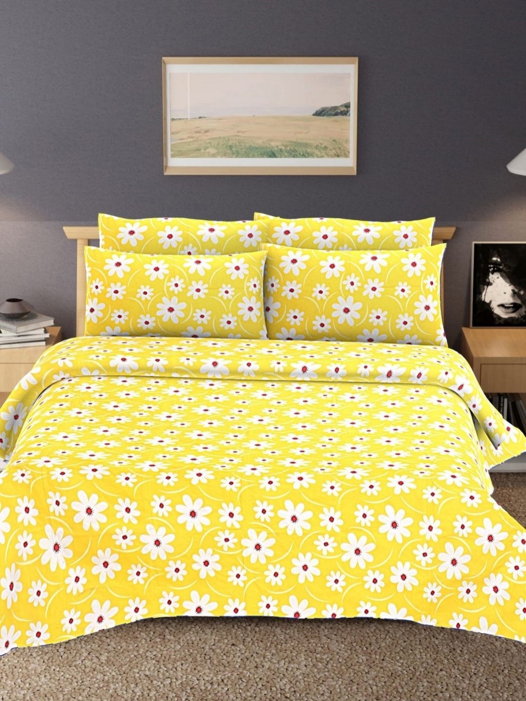 

HASHCART Yellow And White Floral Printed Cotton 210 TC Queen Bedsheet Set 2.40 m X 2.25 m