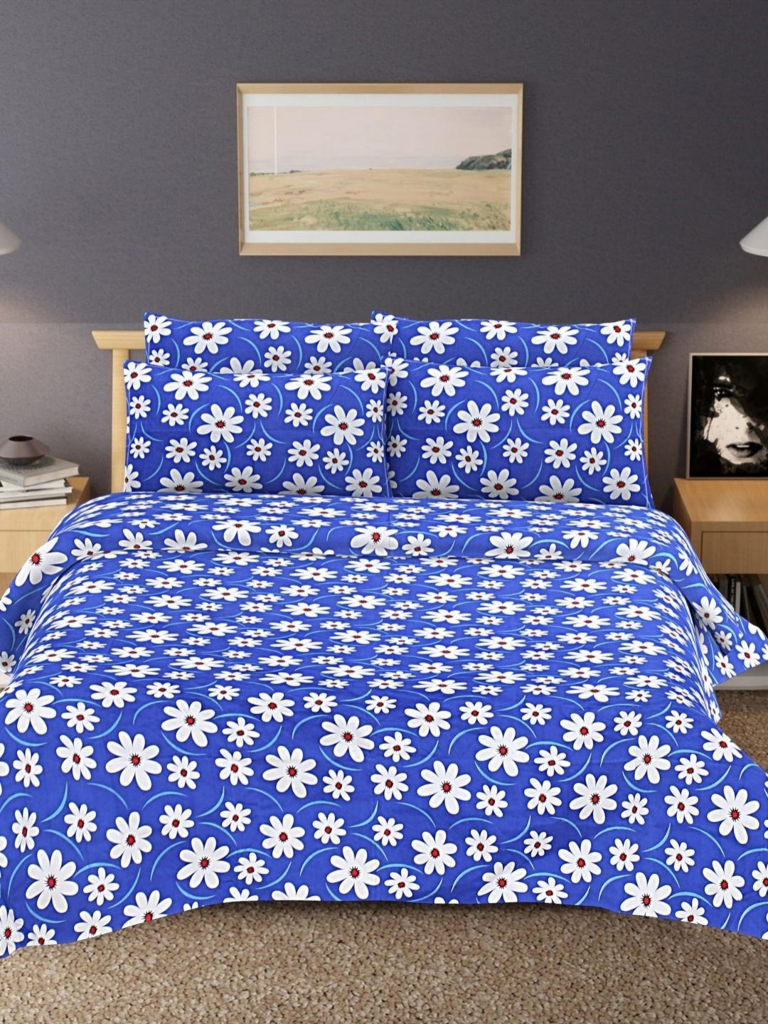 

HASHCART Blue & White Floral Printed Cotton 210 TC Queen Bedsheet Set 2.40 m x 2.25 m