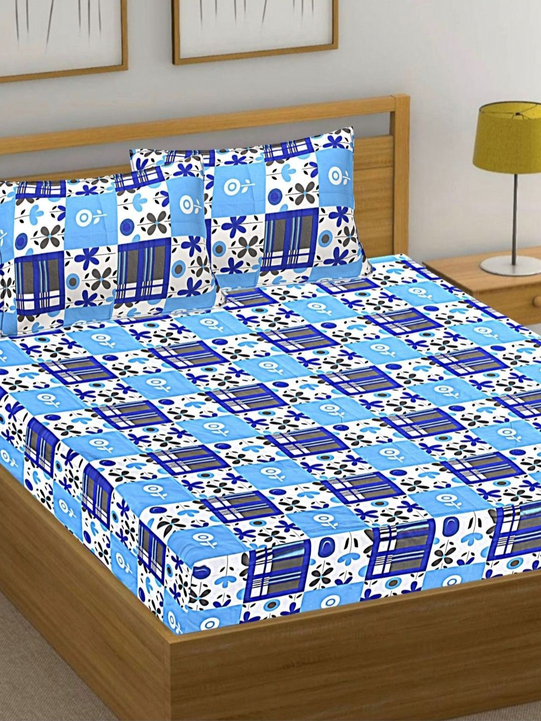

HASHCART Blue & White Floral Printed Cotton 210 TC Queen Bedsheet Set 2.40 m x 2.25 m