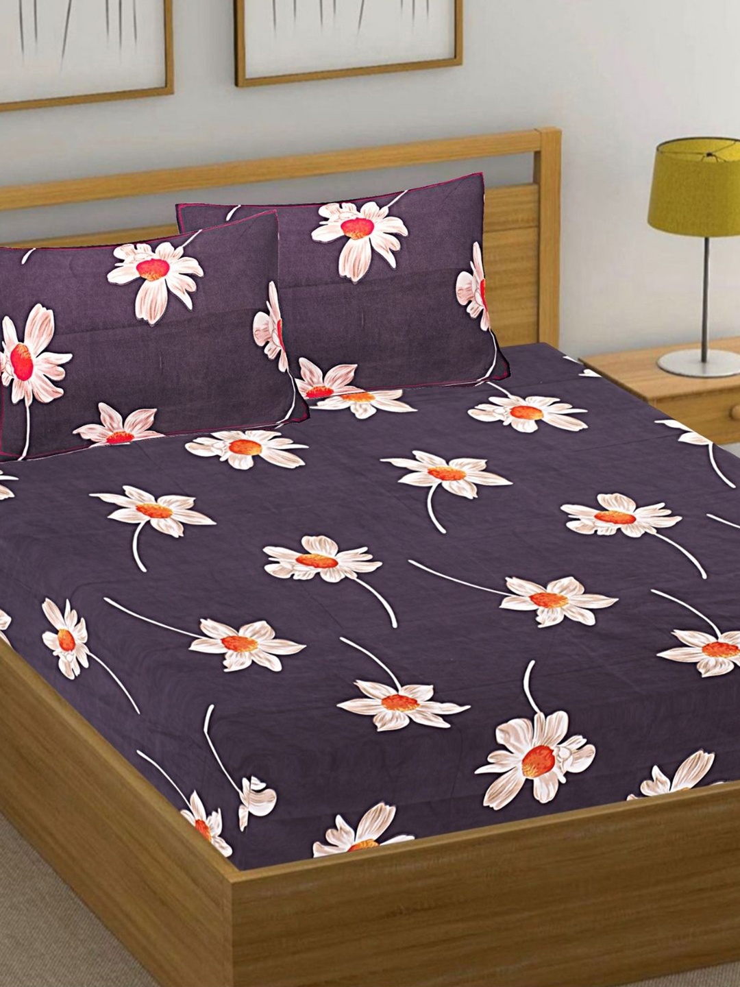 

HASHCART Purple and Peach Cotton Floral 210 TC Queen Bedsheet Set 2.40 m x 2.25 m