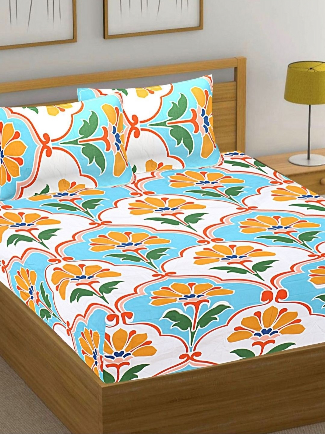 

HASHCART Blue Floral Printed 210 TC Cotton Queen Bedsheet Set 2.40 m x 2.25 m