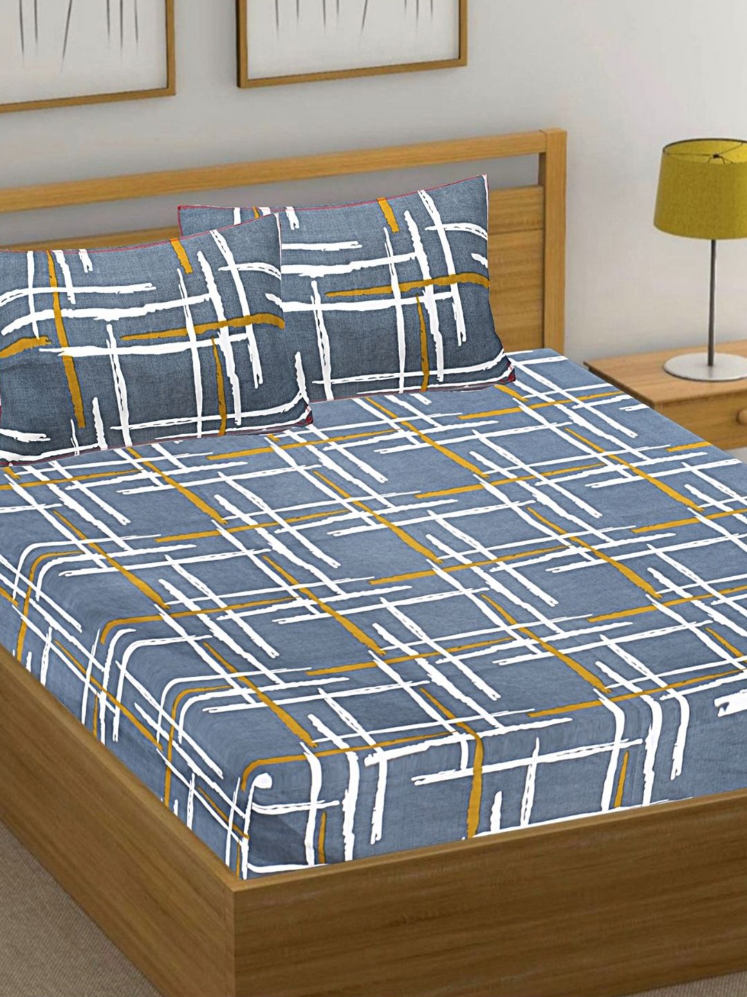 

HASHCART Blue And White Geometric Cotton 210 TC Queen Bedsheet Set 2.40 m x 2.25 m