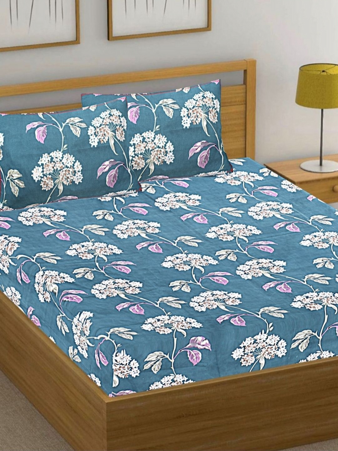 

HASHCART Blue & White Floral Printed Cotton 210 TC Queen Bedsheet Set-2.40 m x 2.25 m