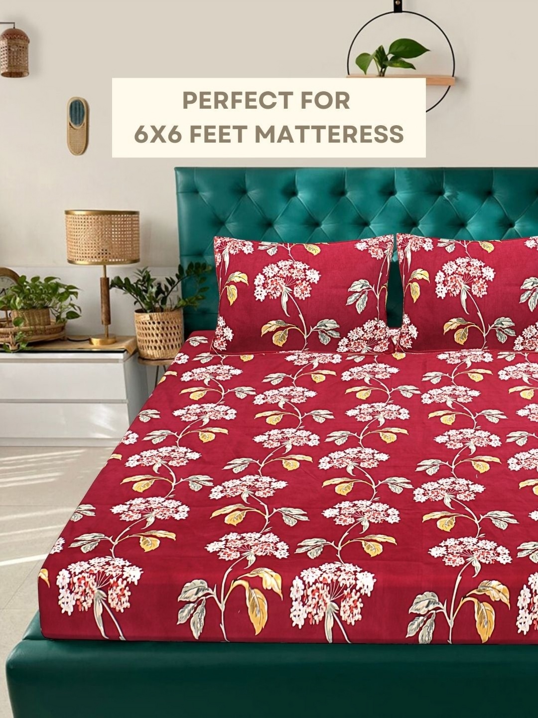 HASHCART Maroon Floral Printed Cotton 210 TC Queen Bedsheet Set-2.40 m x 2.25 m