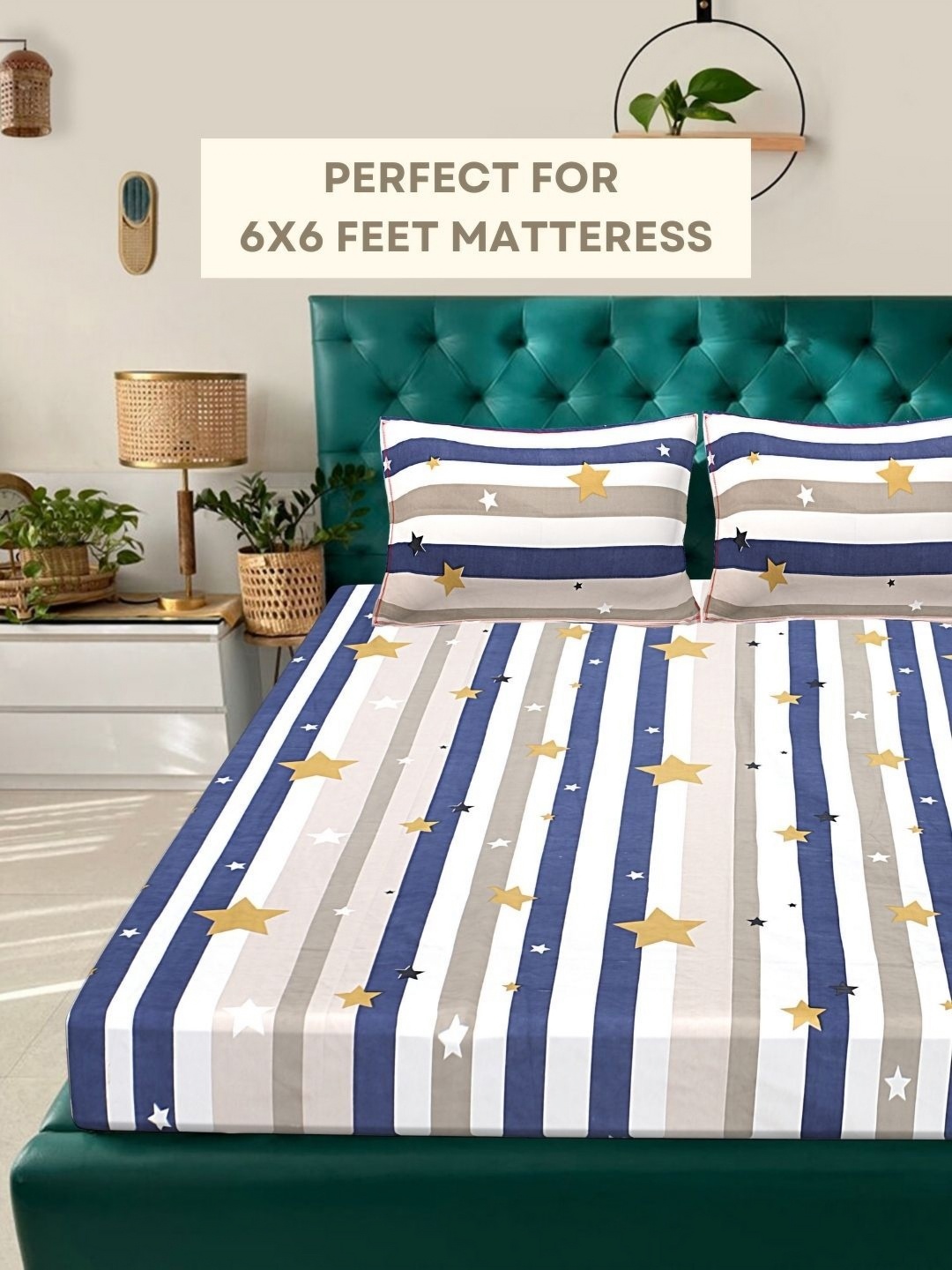 

HASHCART White Striped Printed Cotton 210 TC Queen Bedsheet Set-2.40 m x 2.25 m