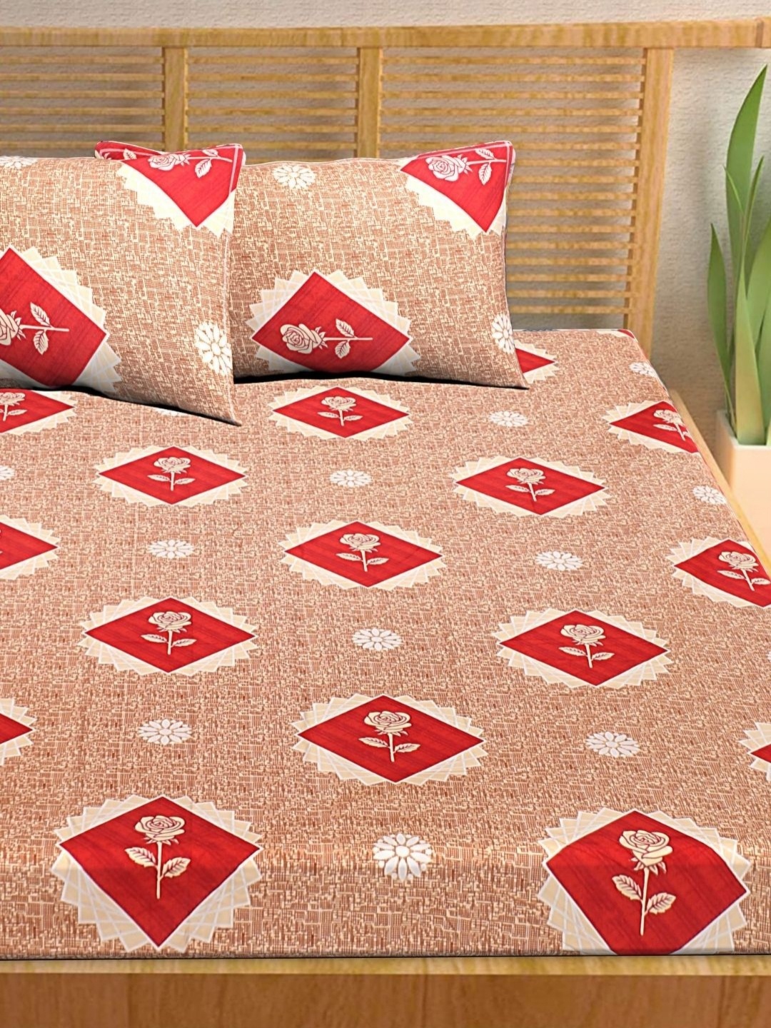 

HASHCART Red & Brown Floral Printed Cotton 210 TC Queen Bedsheet Set 2.40 m x 2.25 m