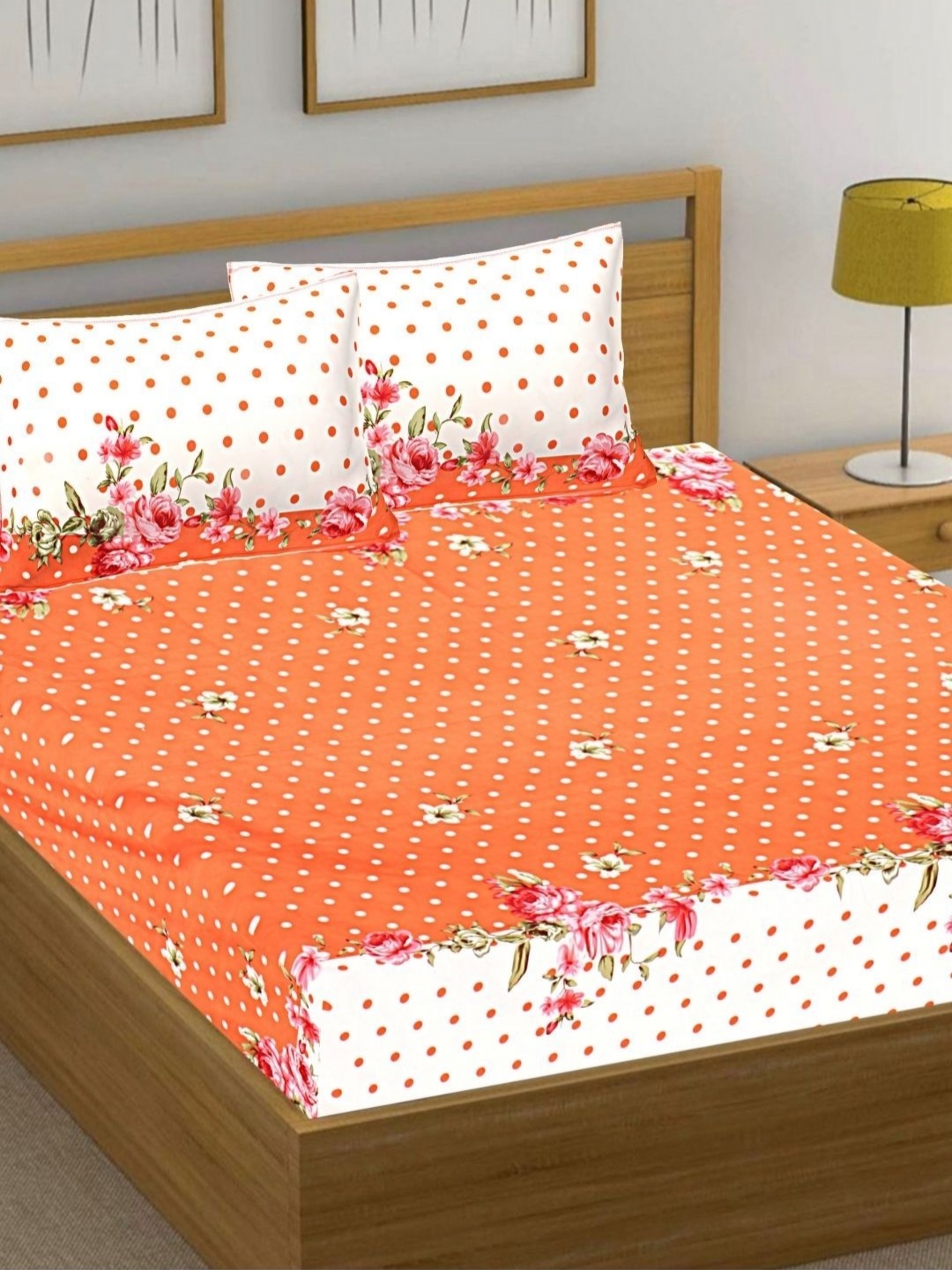 

HASHCART Orange Floral Printed 210 TC Cotton Queen Bedsheet Set 2.40 m x 2.25 m