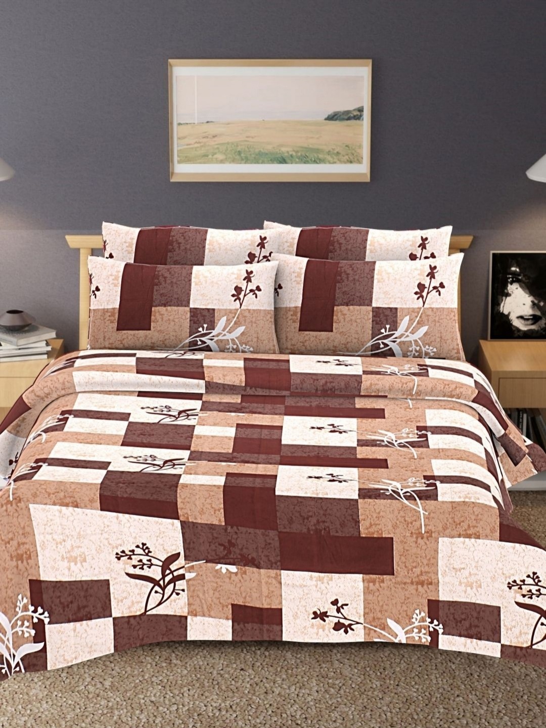 

HASHCART Brown Floral Printed 210 TC Queen Bedsheet Set-2.40 m x 2.25 m