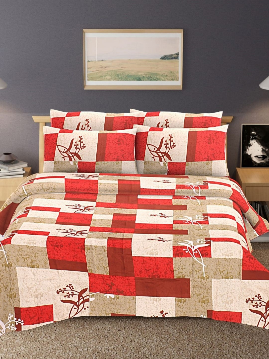 

HASHCART Red & Brown Geometric Printed Cotton 210 TC Queen Bedsheet Set 2.40 m x 2.25 m