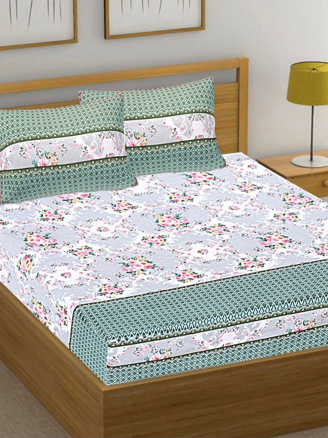 

HASHCART Grey & Pink Cotton Floral 210 TC Queen Bedsheet Set 2.40 m x 2.25 m