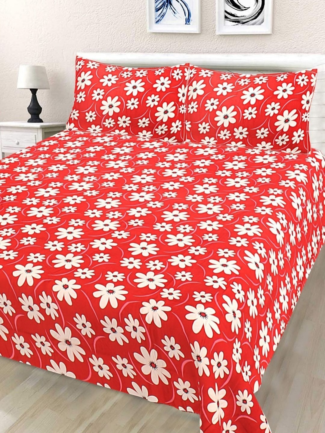 

HASHCART Red & White Floral 2 Cotton 210 TC Queen Bedsheet Set-2.40 m x 2.25 m