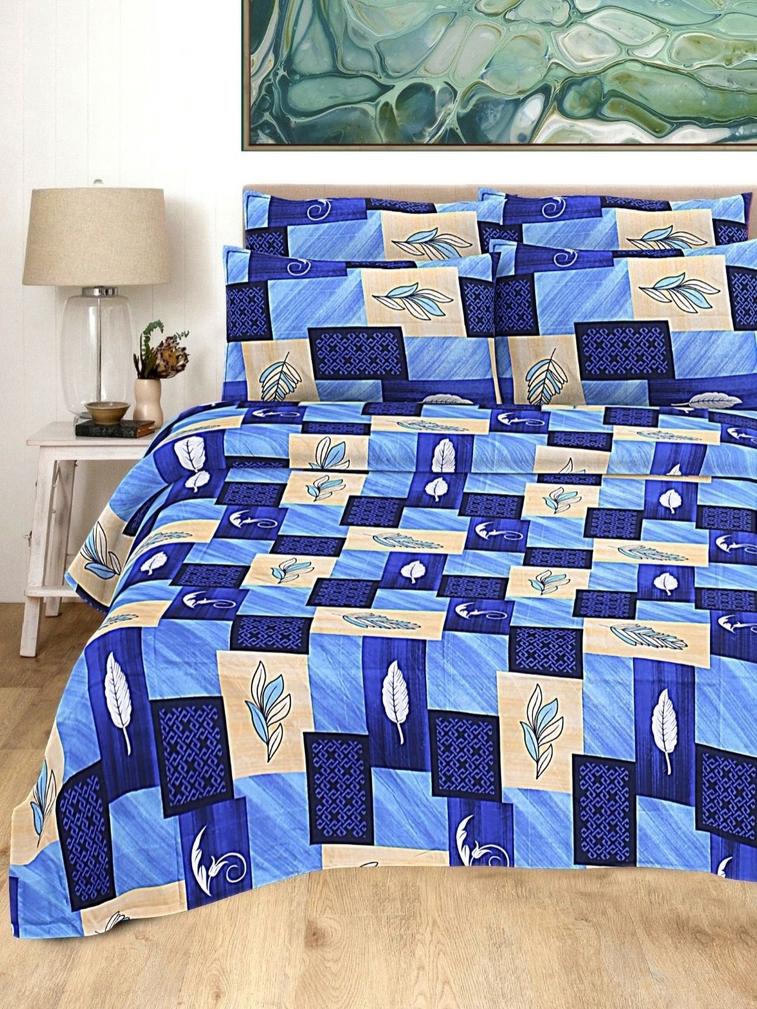 

HASHCART Blue & Beige Geometric Cotton 210 TC Queen Bedsheet Set- 2.40 m x 2.25 m