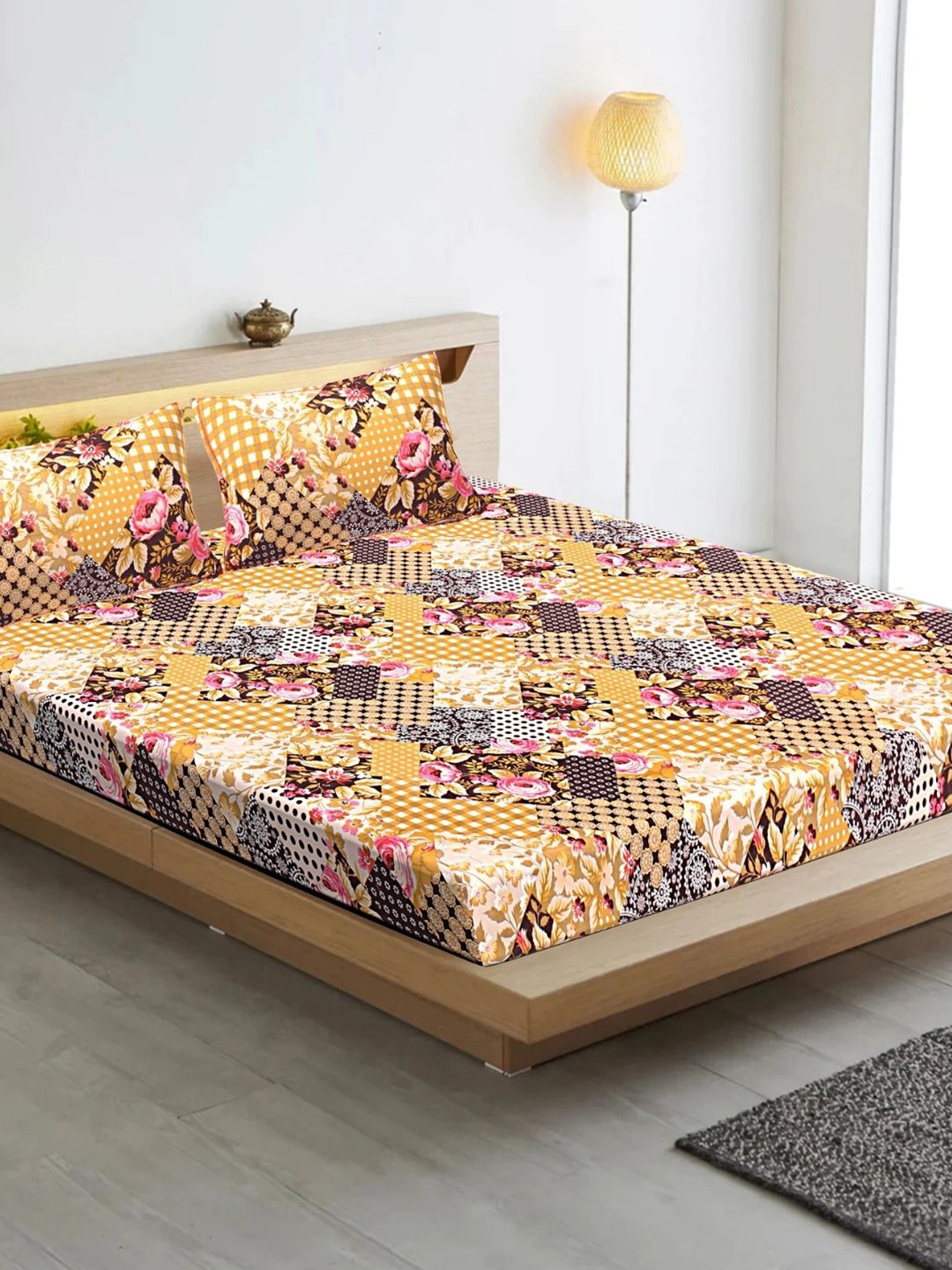 

HASHCART Yellow & Pink Floral Printed Cotton 210 TC Queen Bedsheet Set 2.40 m x 2.25 m