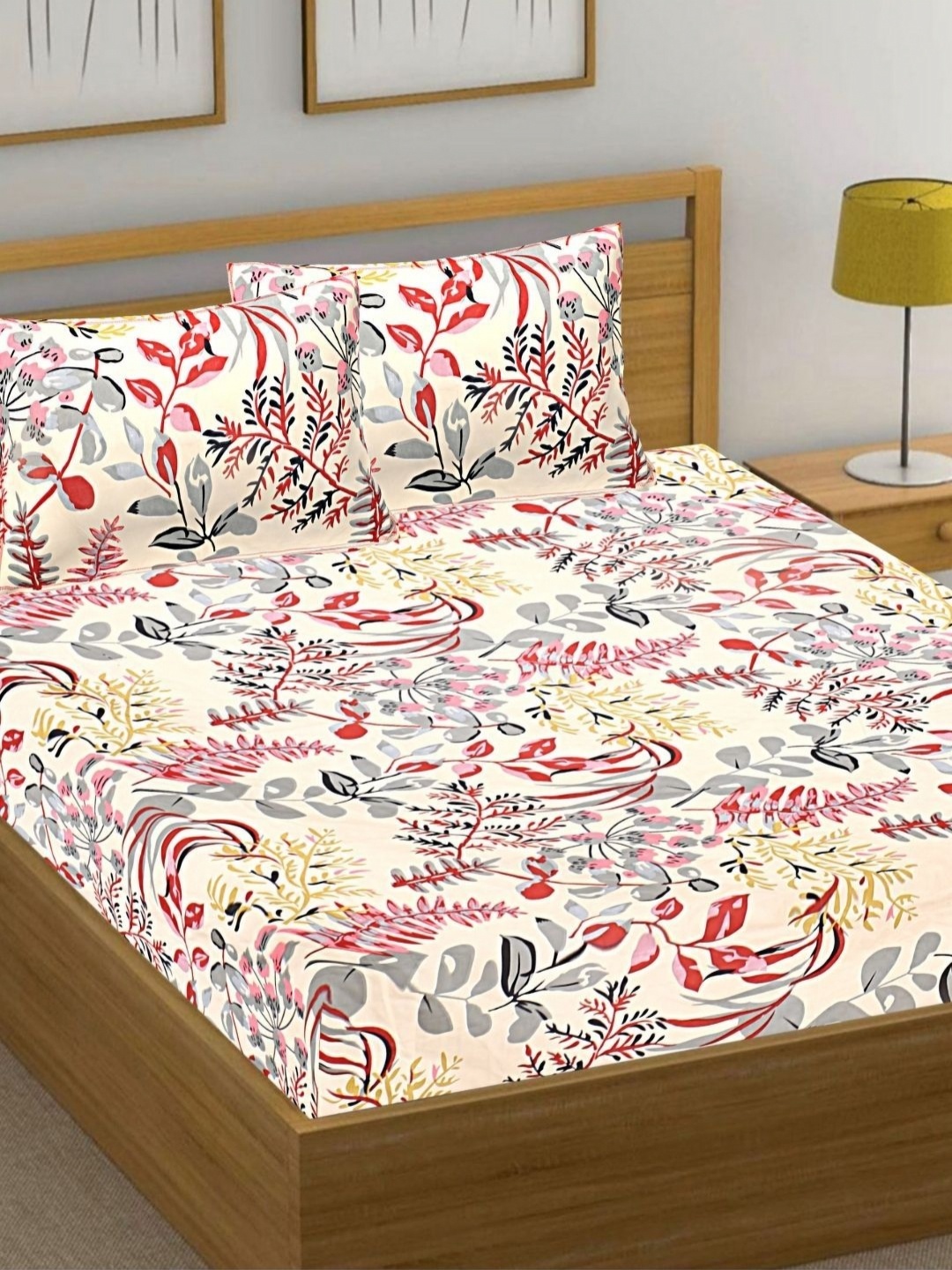 HASHCART Beige Pure Cotton Floral 210 TC Queen Bedsheet Set 2.40 m x 2.25 m