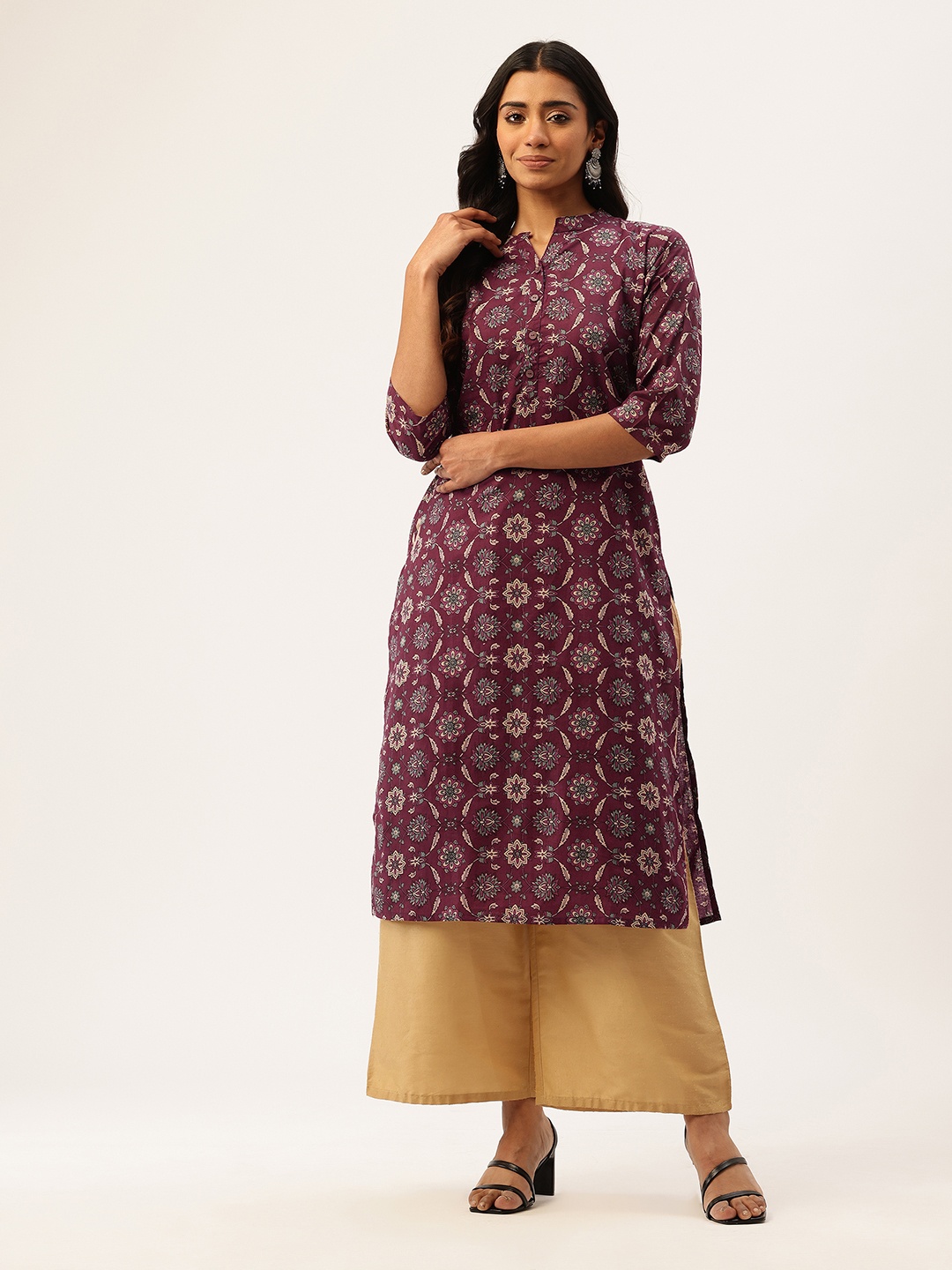 

FERANOID Women Floral Printed Pure Cotton Kurta, Maroon