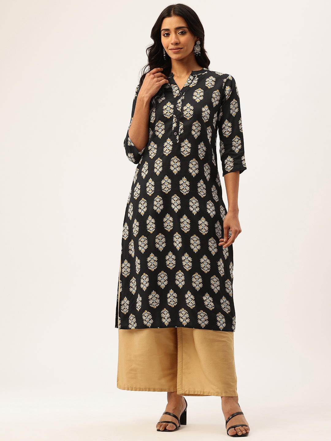 

FERANOID Floral Printed Pure Cotton Kurta, Black