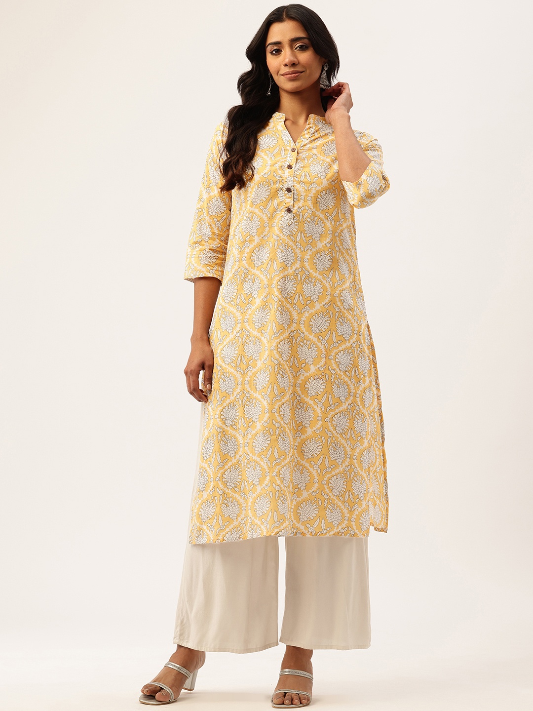 

FERANOID Floral Printed Pure Cotton Kurta, Yellow