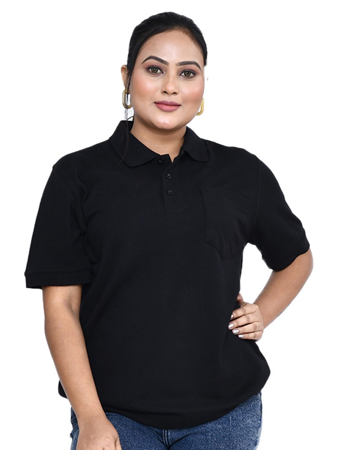 

RAPL Women Solid Polo Collar Relaxed Fit Drop-shoulder Sleeves Casual T-shirt, Black