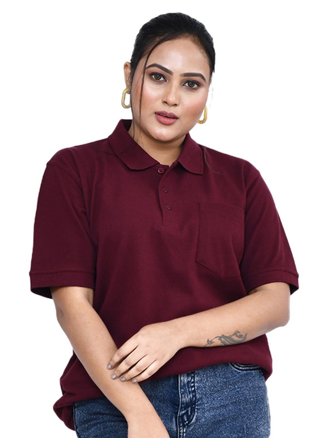 

RAPL Women Polo Collar Pockets T-shirt, Maroon