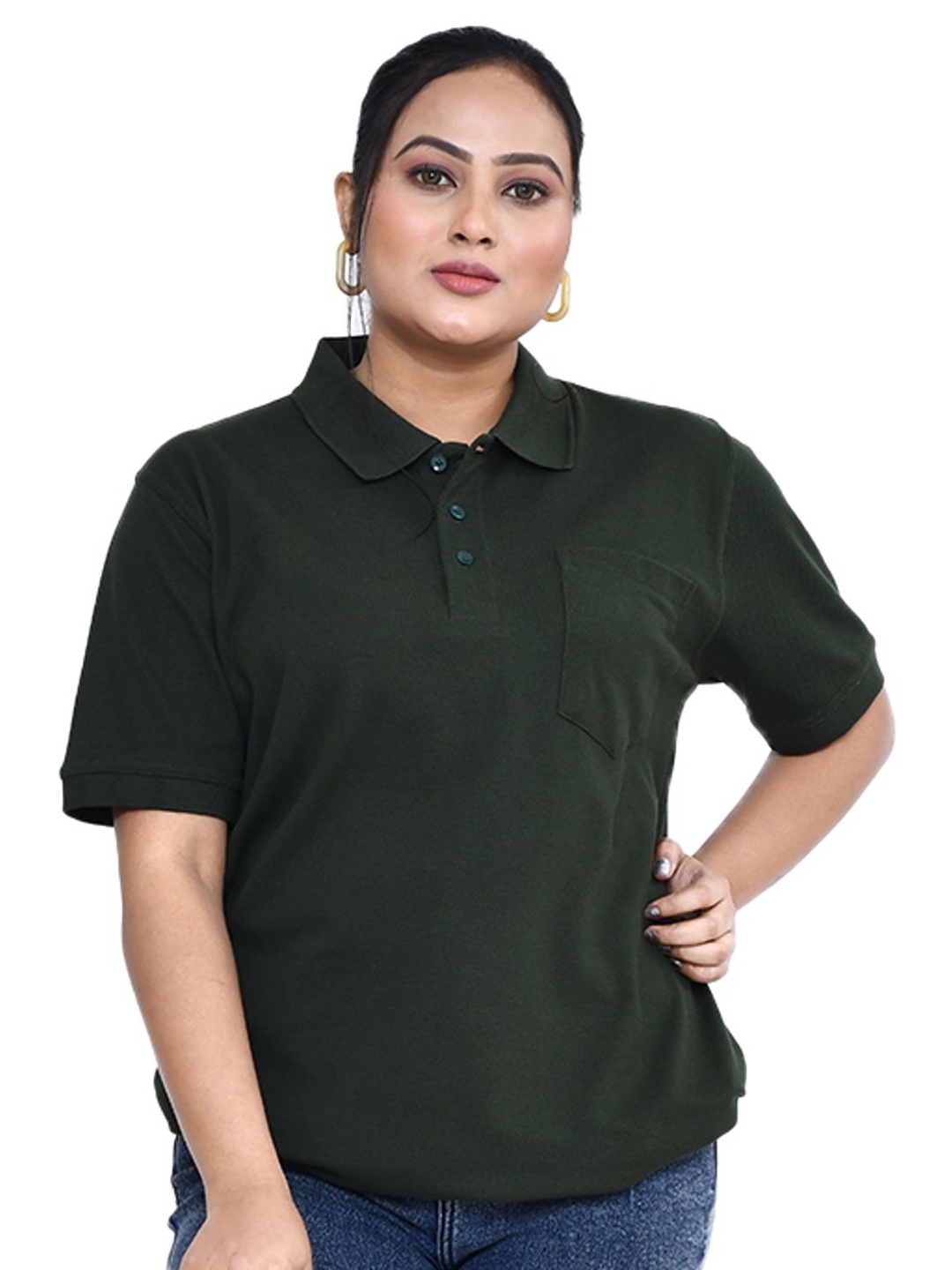 

RAPL Women Polo Collar Pockets T-shirt, Green