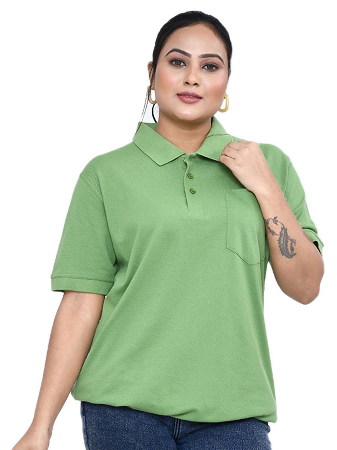 

RAPL Women Solid Polo Collar Relaxed Fit Drop-shoulder Sleeves Casual T-shirt, Green