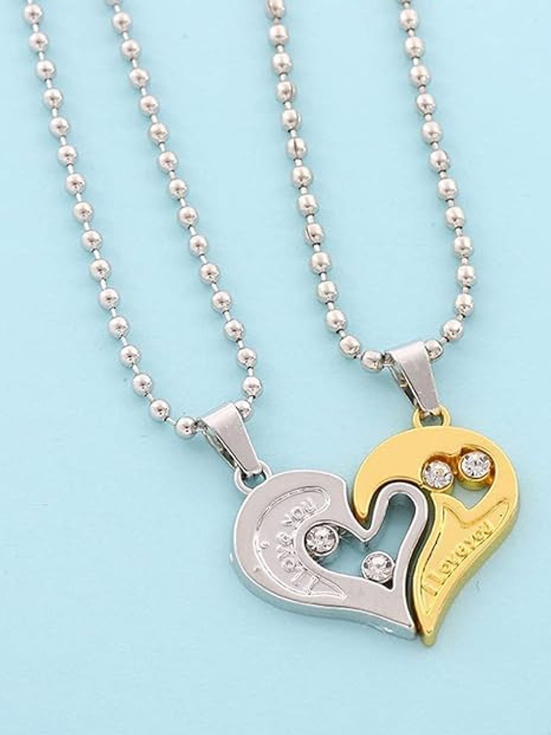

Goldnera Set of 2 Stone Studded Heart Shaped Pendants with Chains, Silver