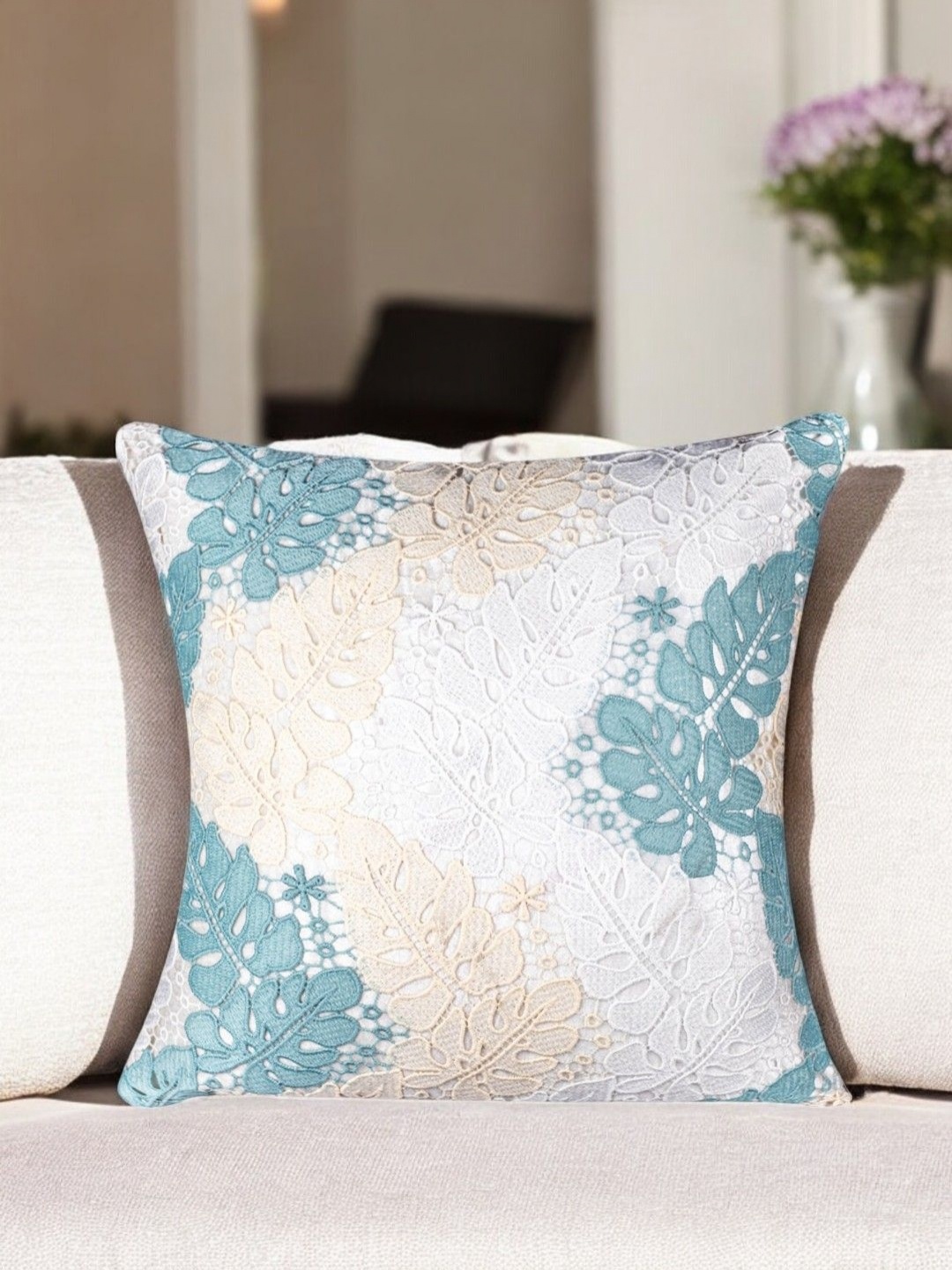 

Vendola White & Peach-Coloured Floral Velvet Square Cushion Covers