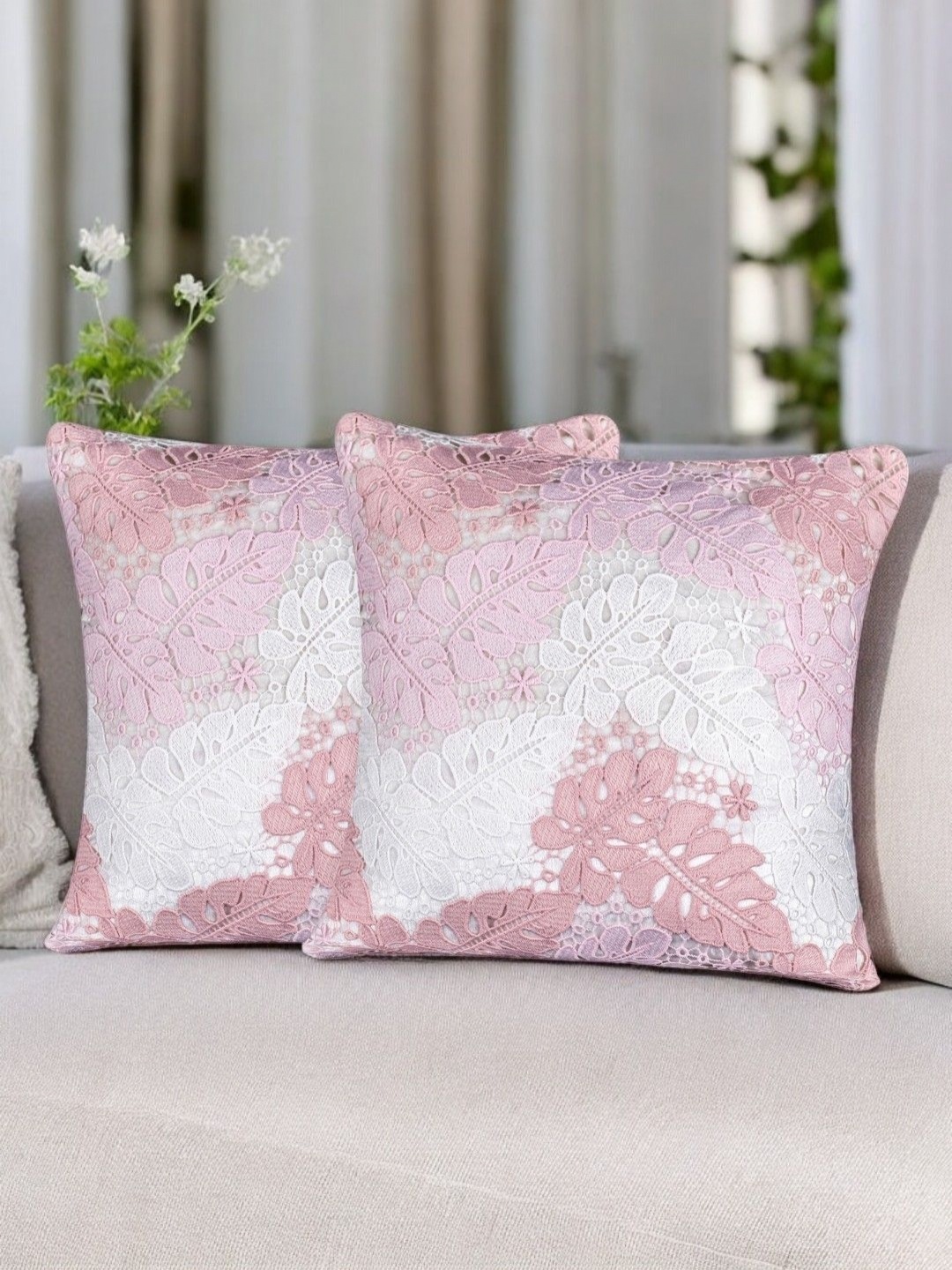 

Vendola Pink & Grey Set of 2 Ethnic Motifs Velvet Square Cushion Covers