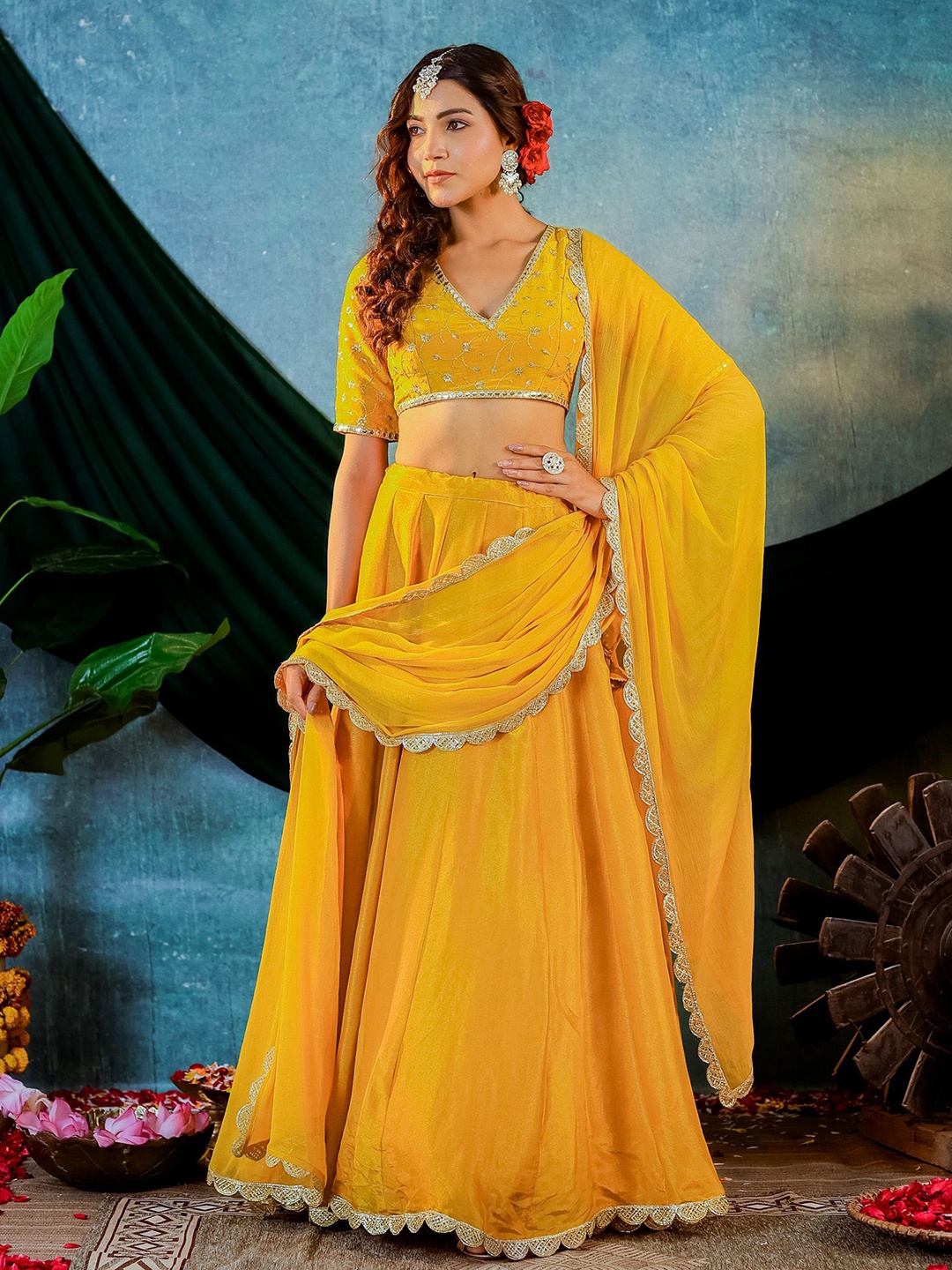 

KASYA Embroidered Mirror Work Ready to Wear Lehenga & Blouse With Dupatta, Mustard