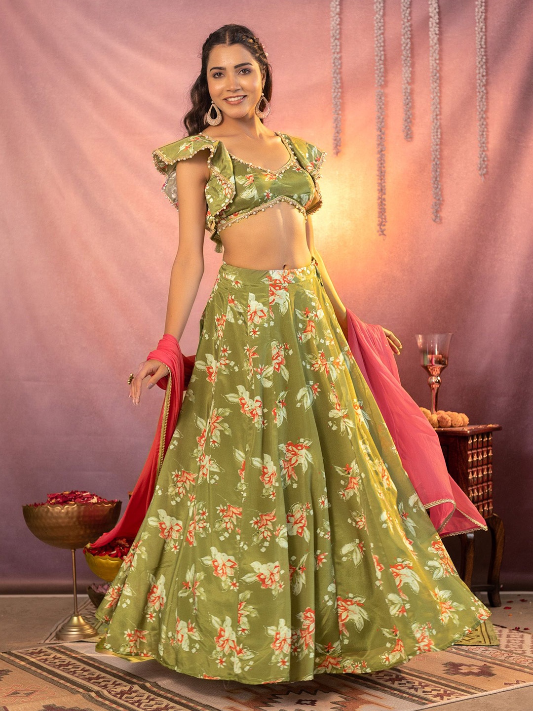 

KASYA Printed Ready to Wear Lehenga & Blouse With Dupatta, Green