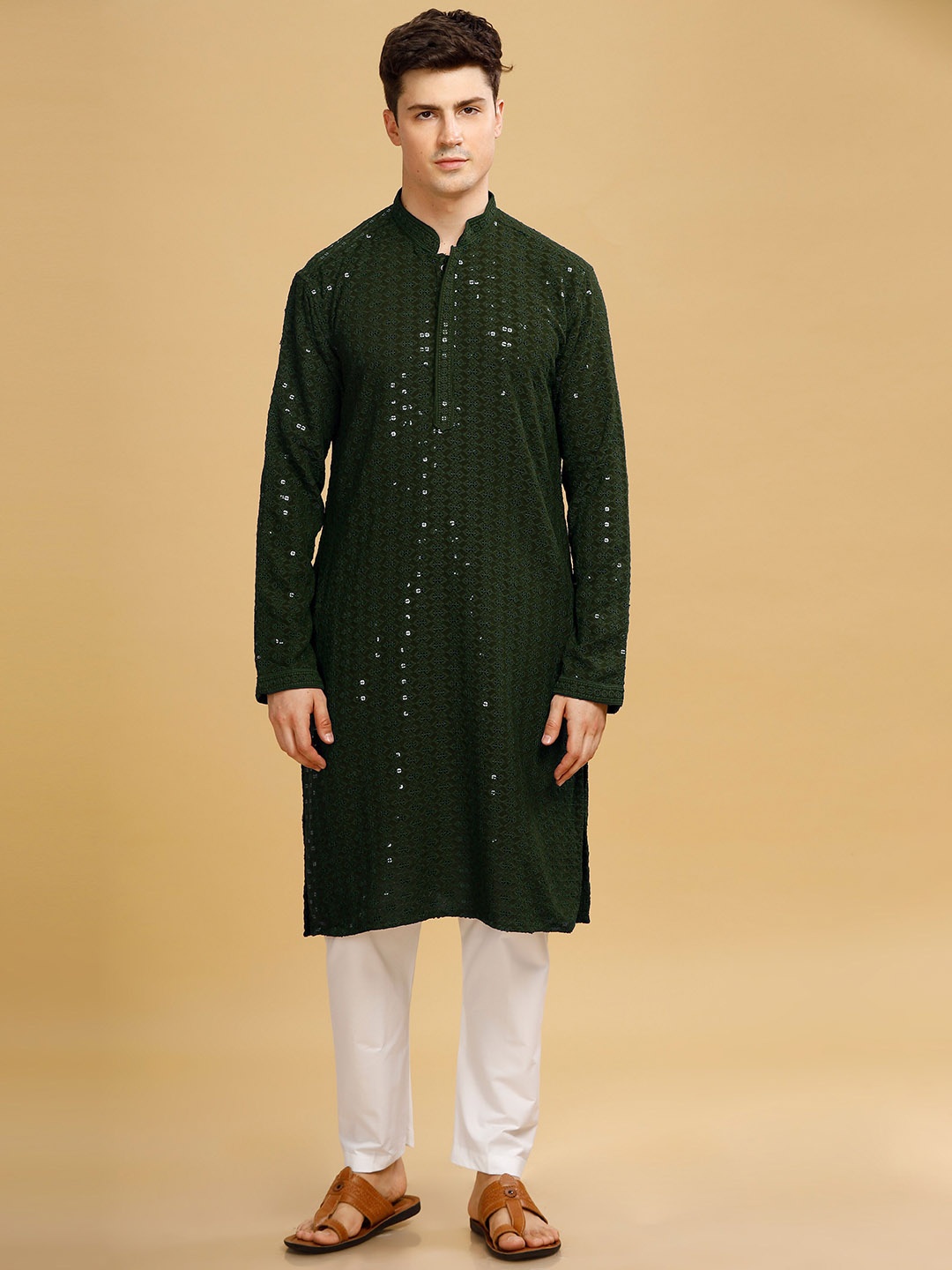 

Anouk Green Geometric Embroidered Mandarin Collar Sequinned Pure Cotton Straight Kurta