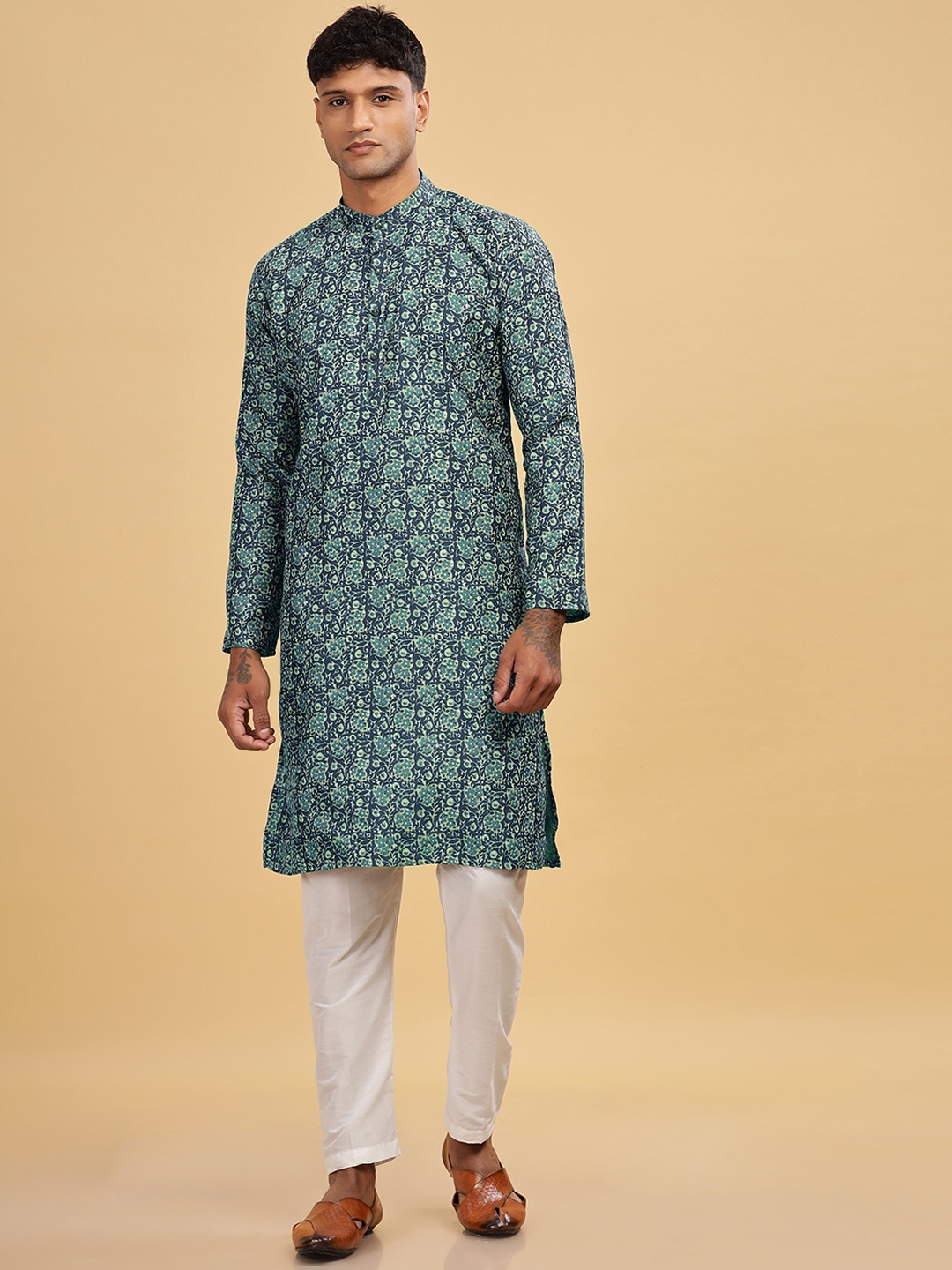 

Anouk Teal Blue Floral Printed Band Collar Pure Cotton Straight Kurta