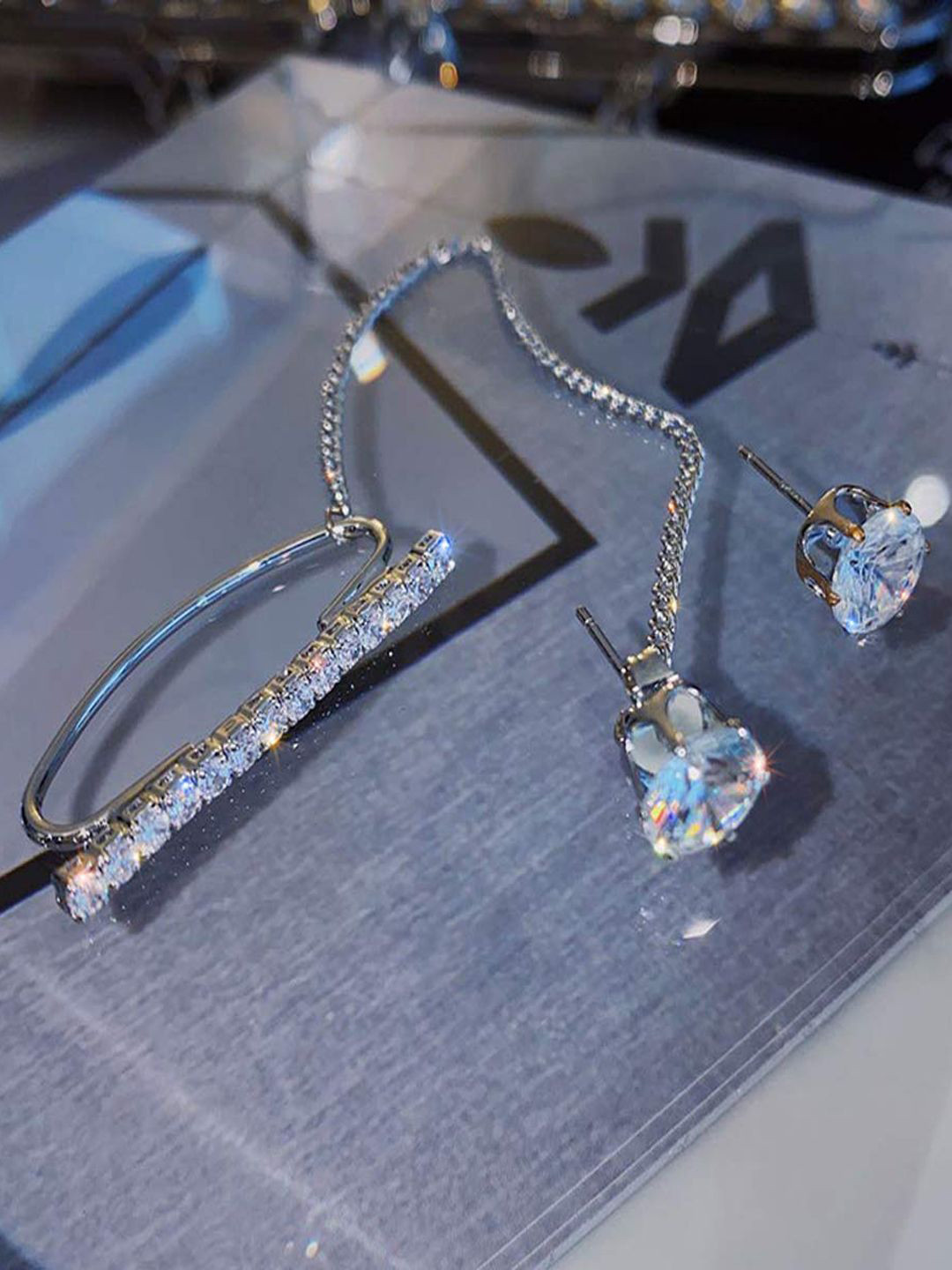 

BEYTER Artificial Stones Studded Classic Shaped Ear Cuff Earrings, Silver