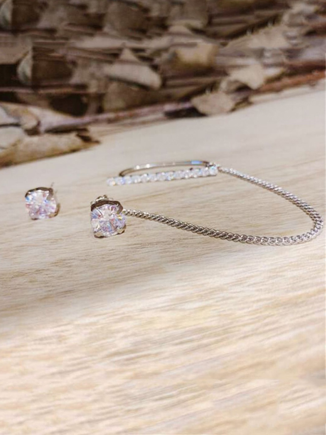 

BEYTER Artificial Stones Studded Classic Shaped Ear Cuff Earrings, Silver