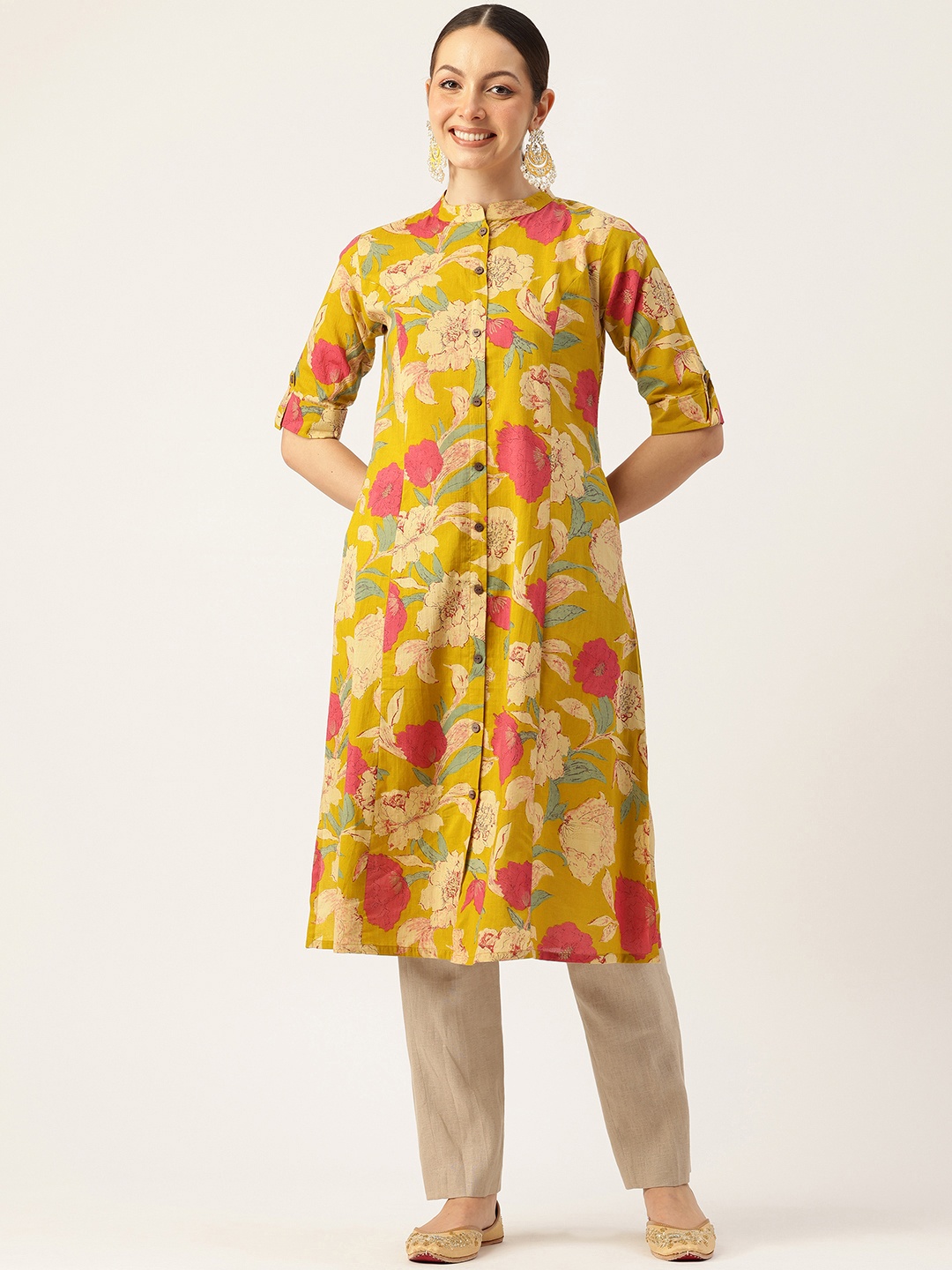 

FERANOID Floral Printed Block Print Pure Cotton Kurta, Olive