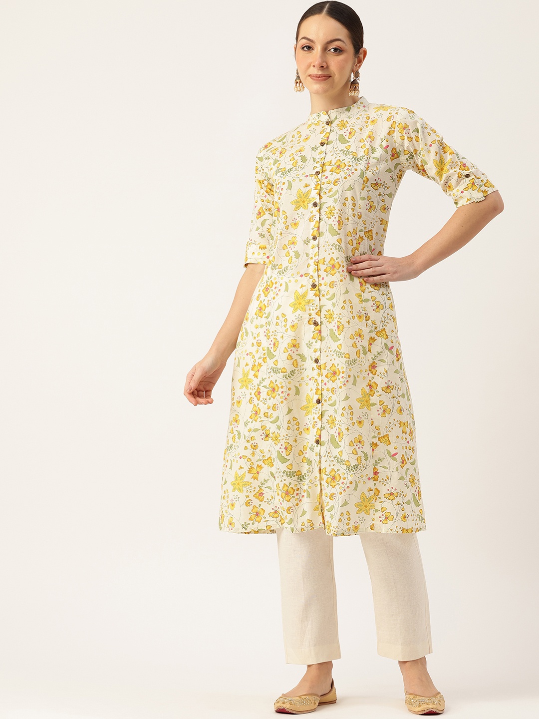 

FERANOID Floral Printed Block Print Pure Cotton Kurta, Cream