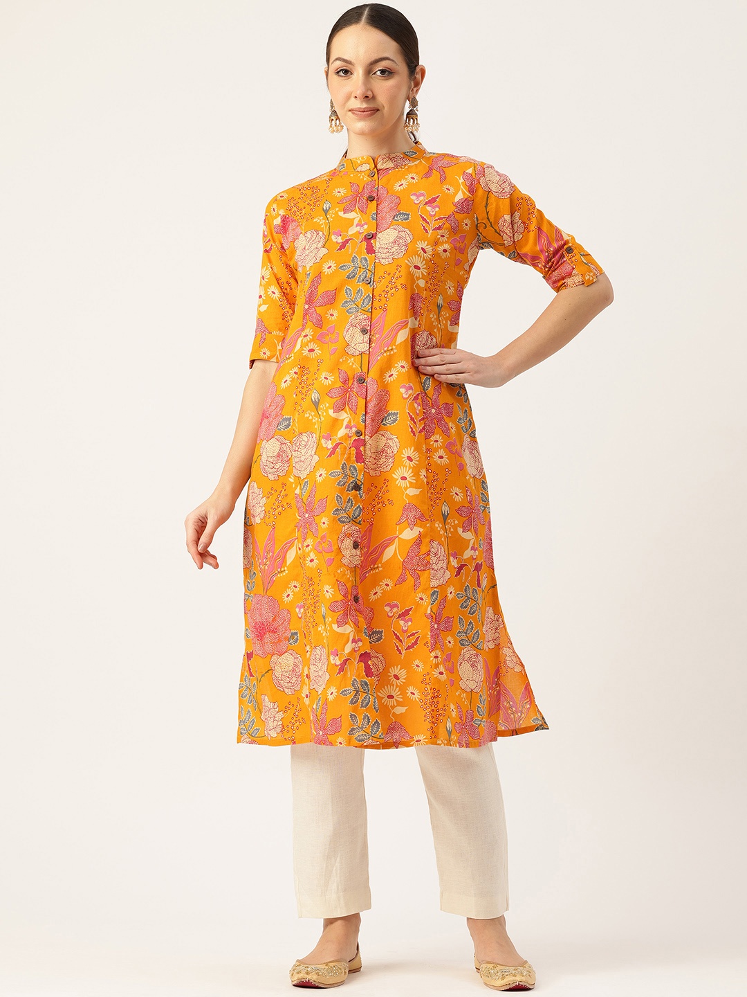 

FERANOID Floral Printed Block Print Pure Cotton Kurta, Yellow
