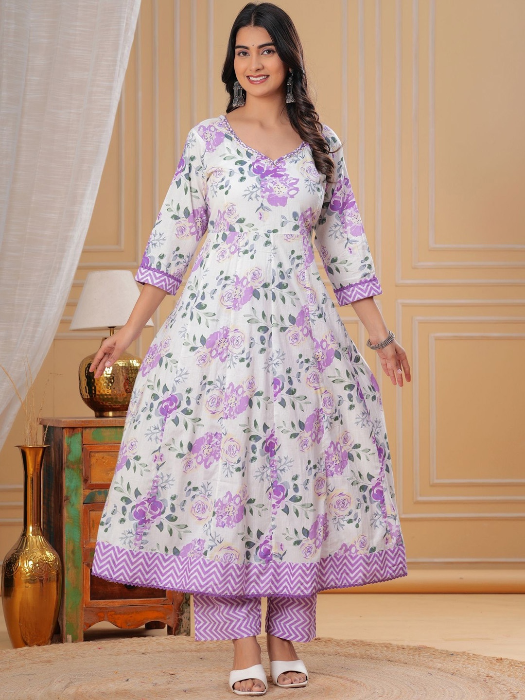 

KALINI Floral Printed Beads and Stones V-Neck Pure Cotton Kurta With Trousers And Dupatta, White