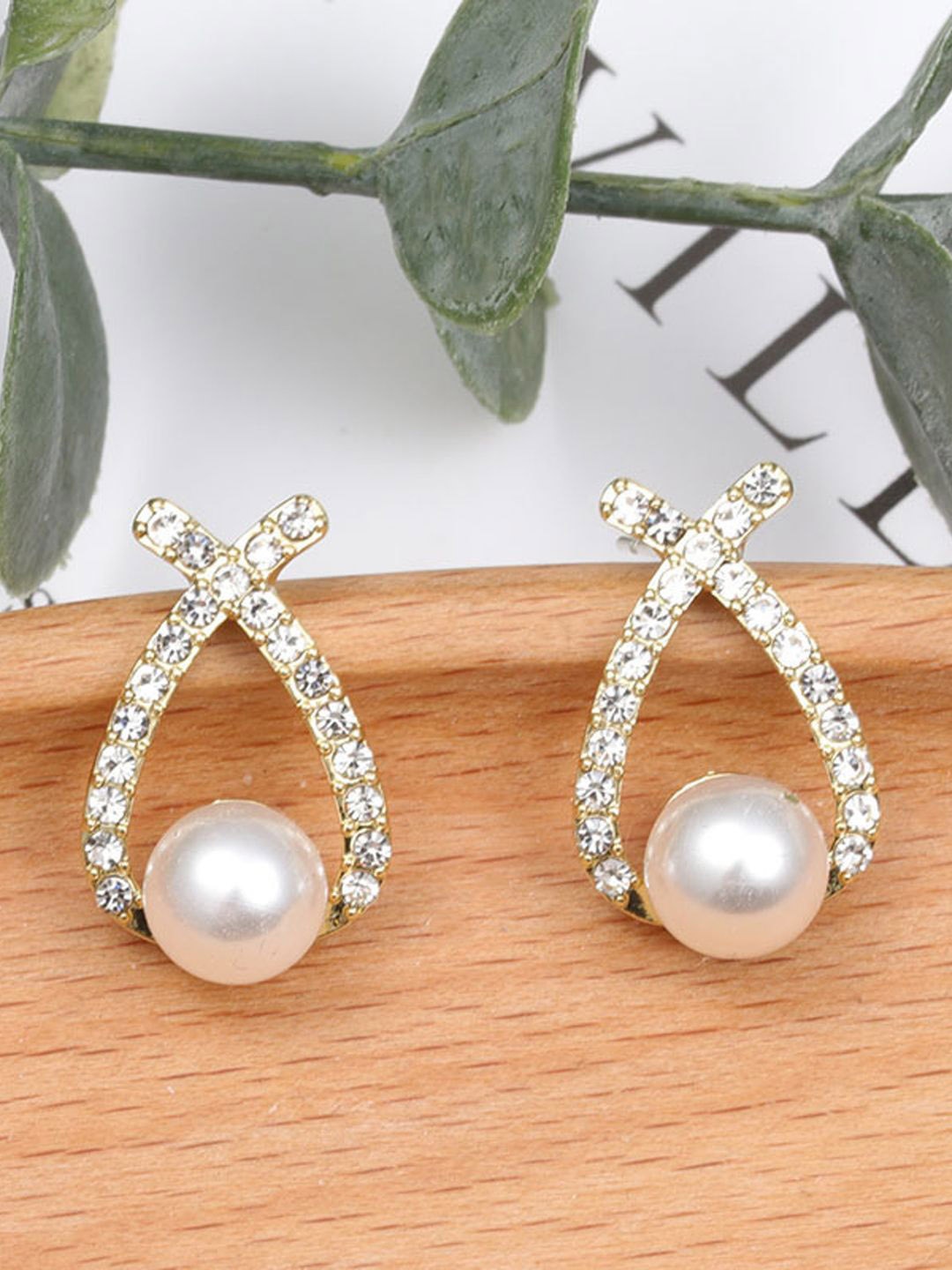 

BEYTER Korean Artificial Stones Studded & Perarls Beaded Contemporary Shaped Drop Earrings, Gold