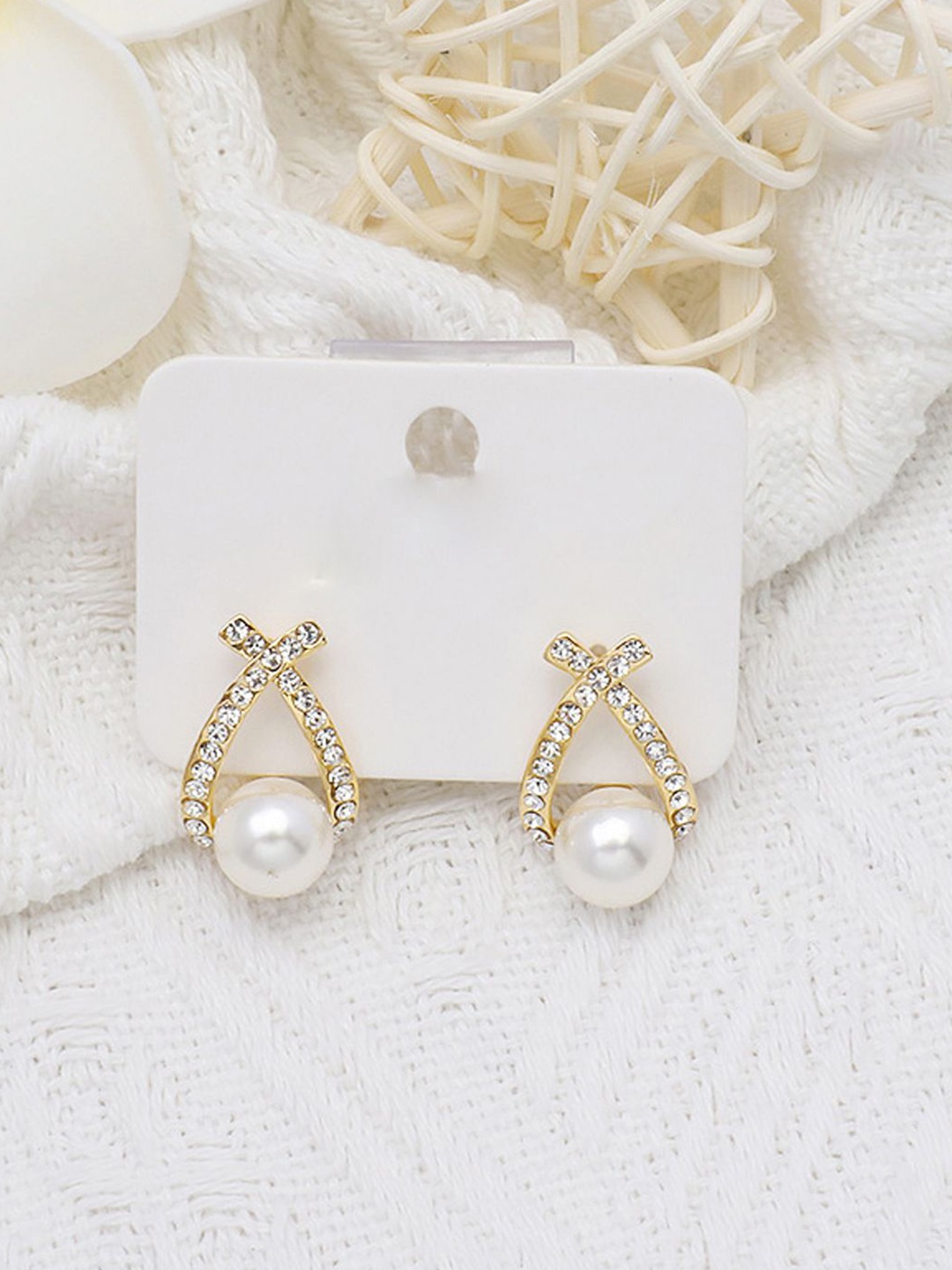 

BEYTER Korean Artificial Stones Studded & Perarls Beaded Contemporary Shaped Drop Earrings, Gold