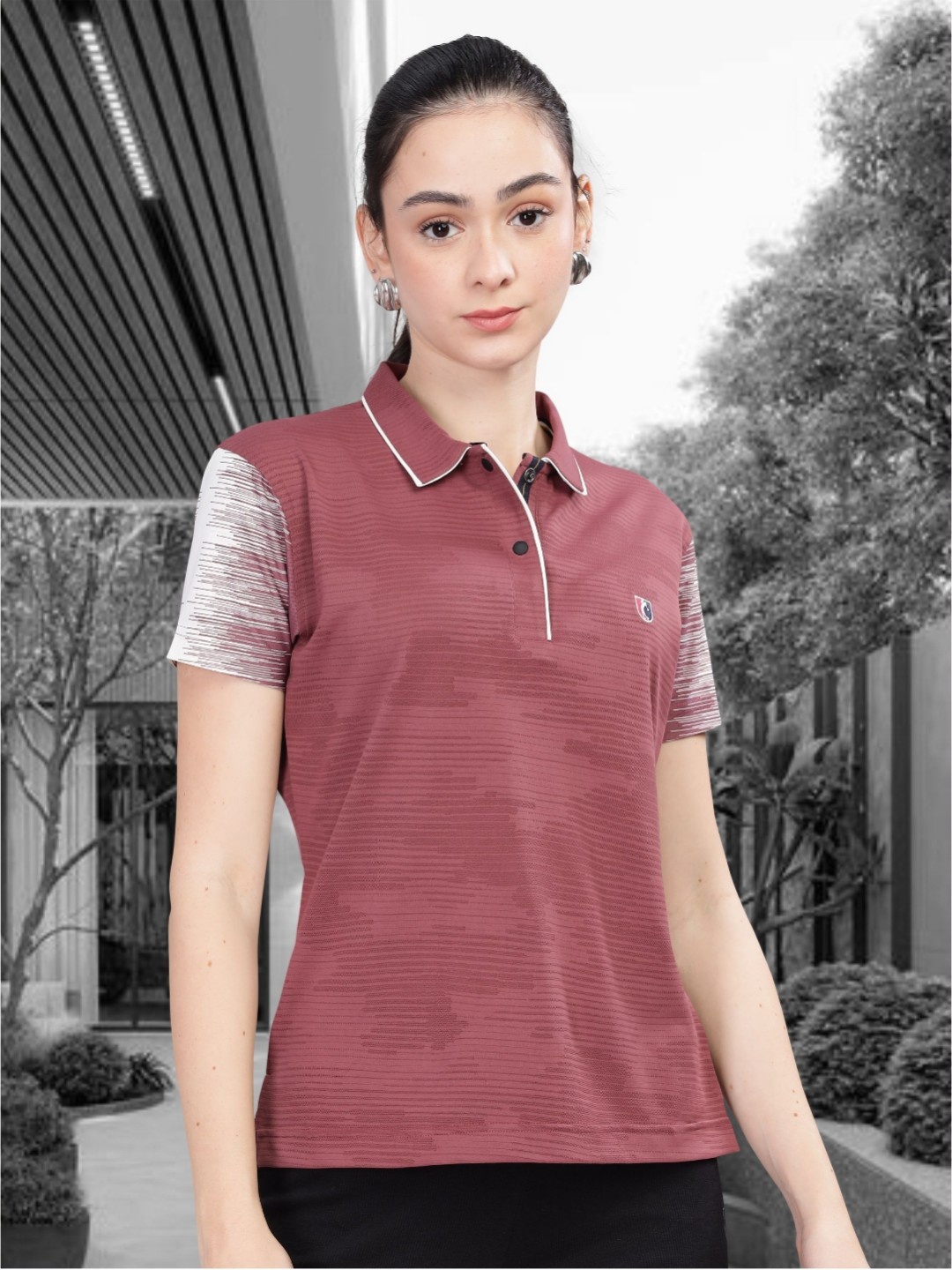 

STELLERS Women Moisture Wicking Self Design Polo Collar T-shirt, Red