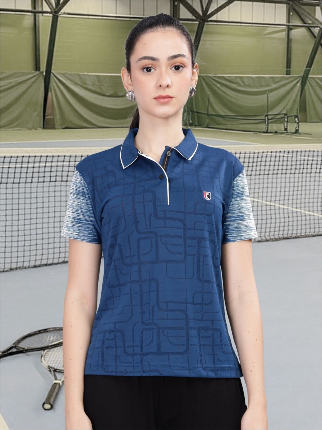 

STELLERS Women Moisture Wicking Geometric Printed Polo Collar T-shirt, Blue