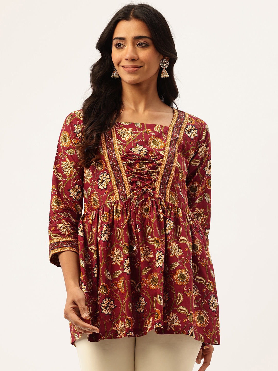

FERANOID Floral Printed Pure Cotton Peplum Top, Maroon