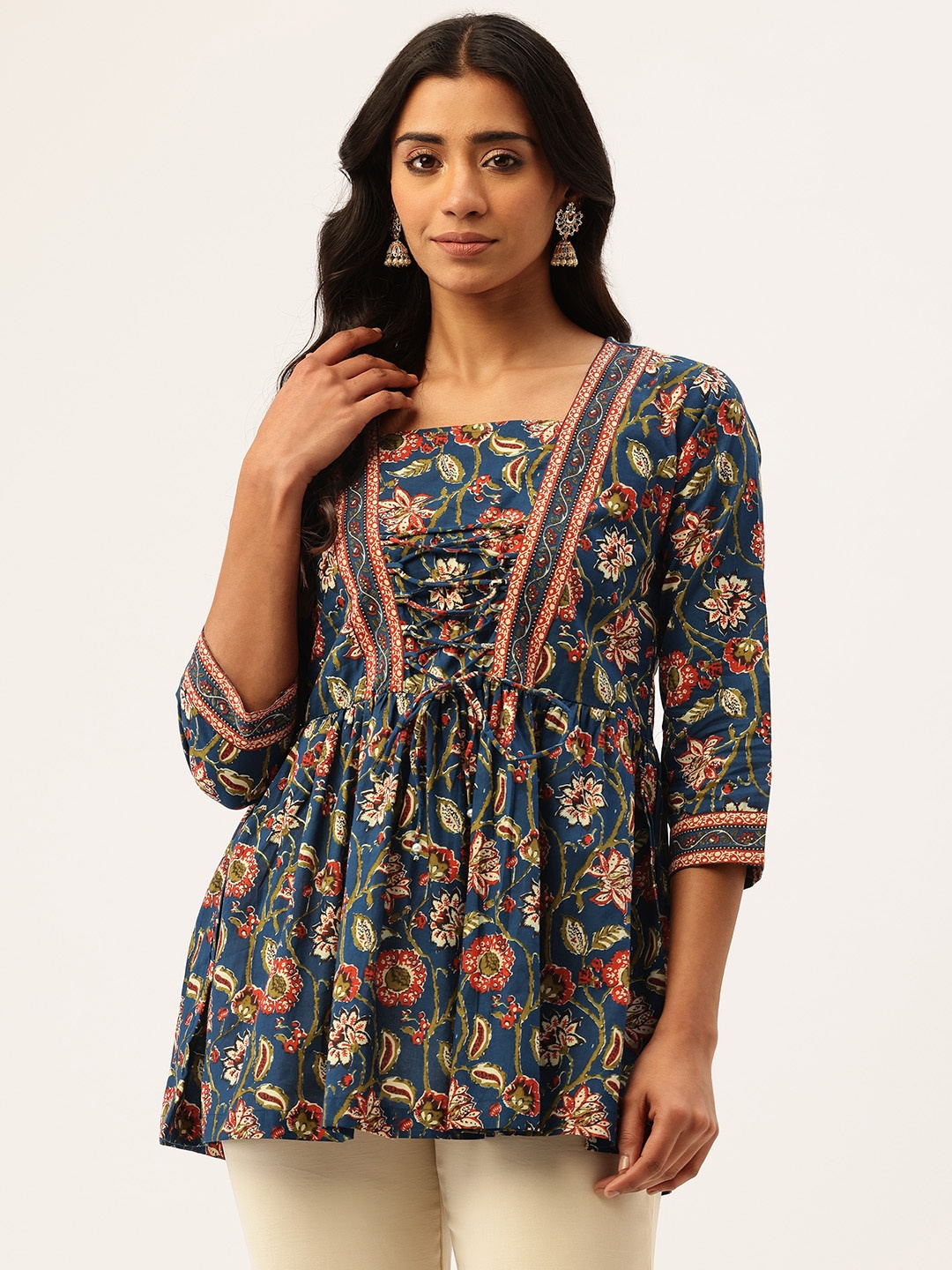 

FERANOID Floral Print Pure Cotton Top, Blue