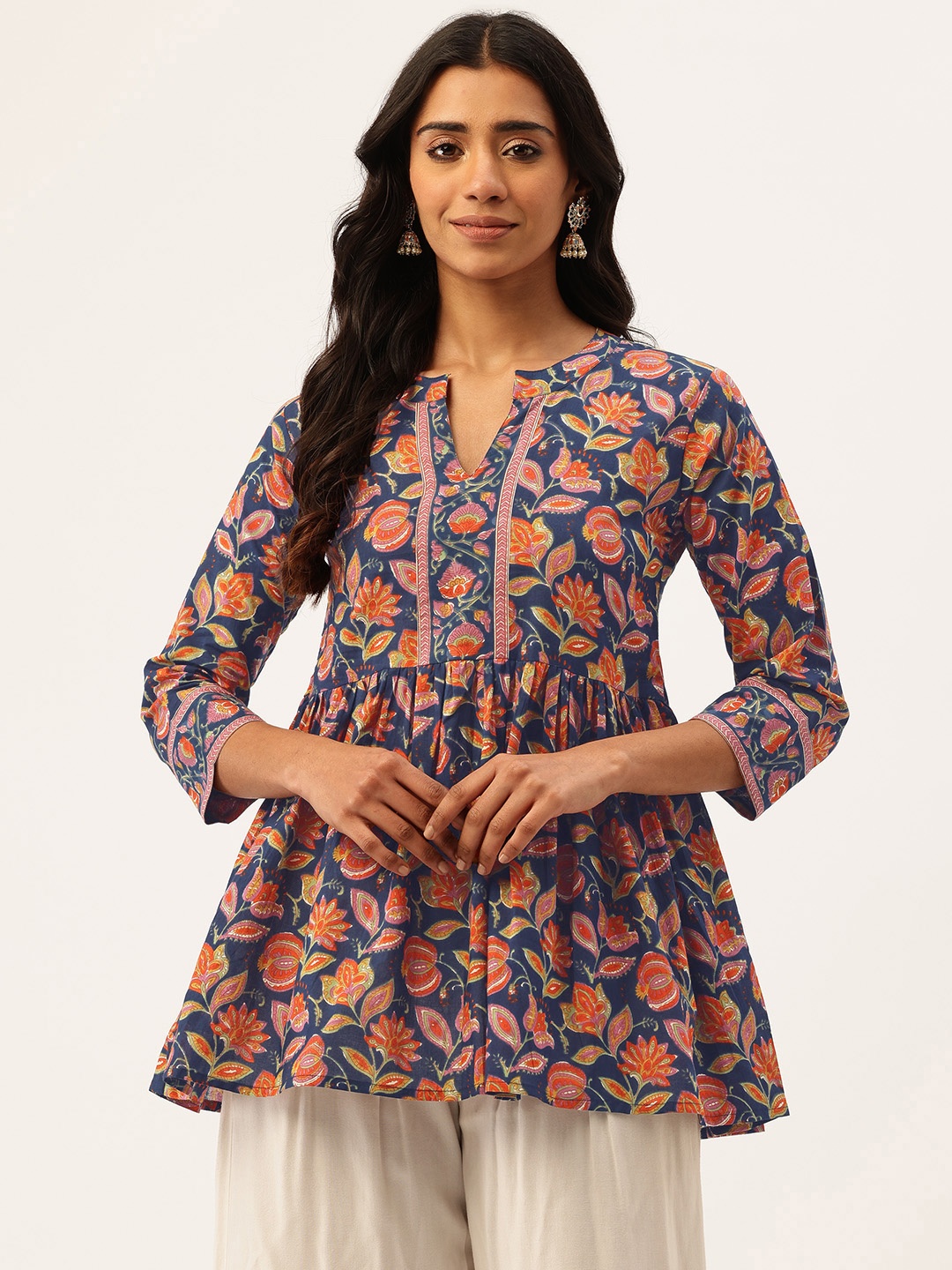 

FERANOID Floral Print Mandarin Collar Cotton Peplum Top, Blue