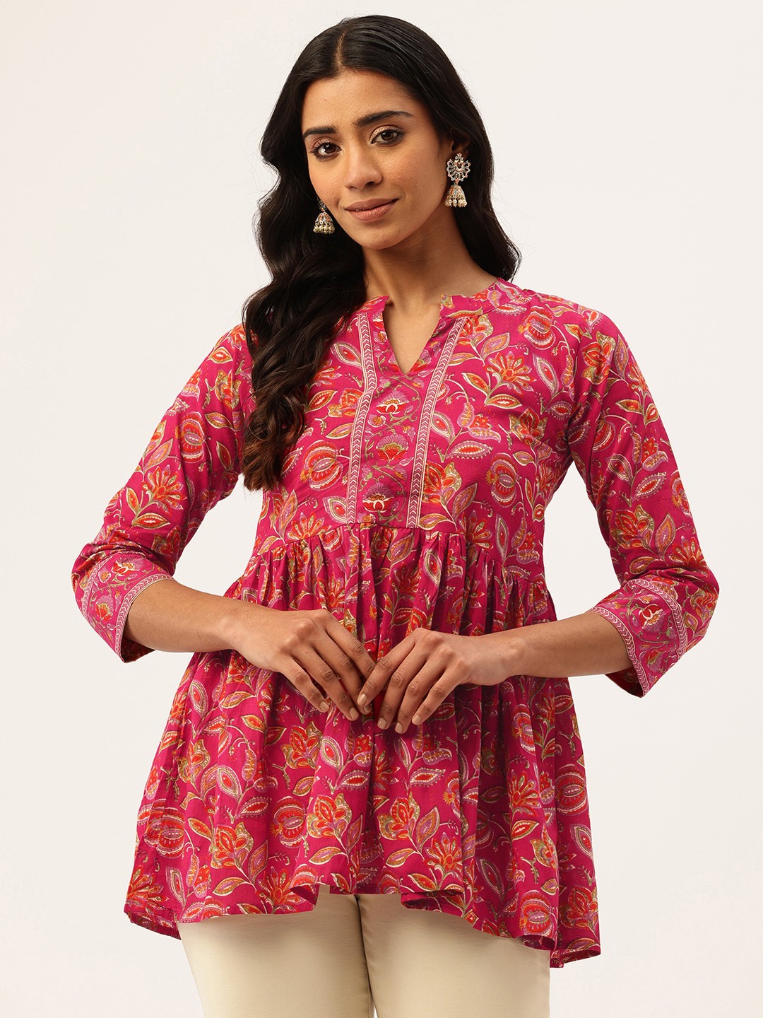 

FERANOID Floral Print Mandarin Collar Pure Cotton Cotton Top, Red