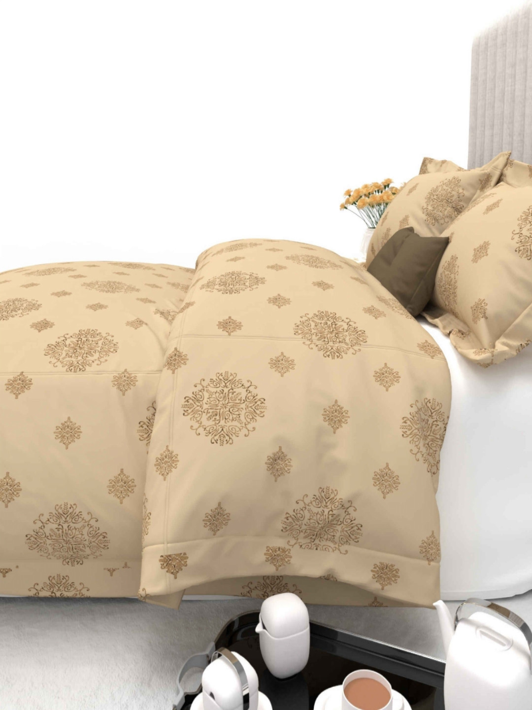 

THE WHITE MOSS Beige Floral 600 TC 2 King Bedsheet with 2 Pillow Covers